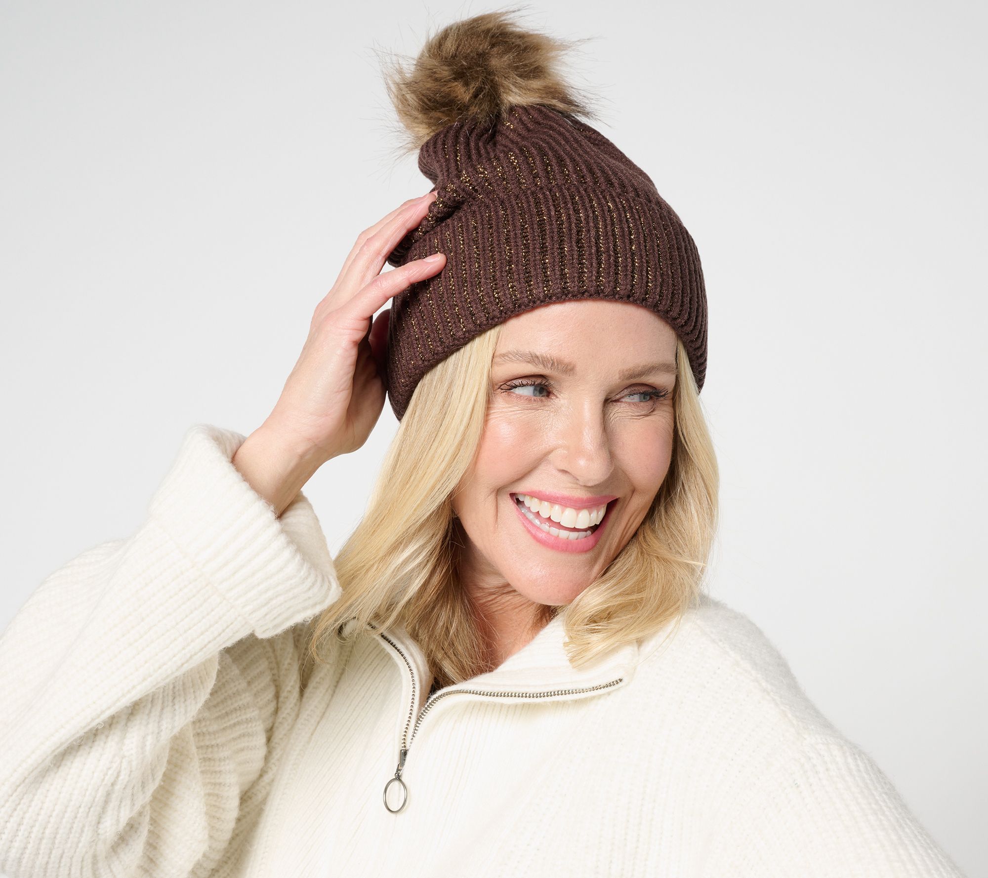 Complliments Satin Lined Lurex Beanie with Pom-Pom