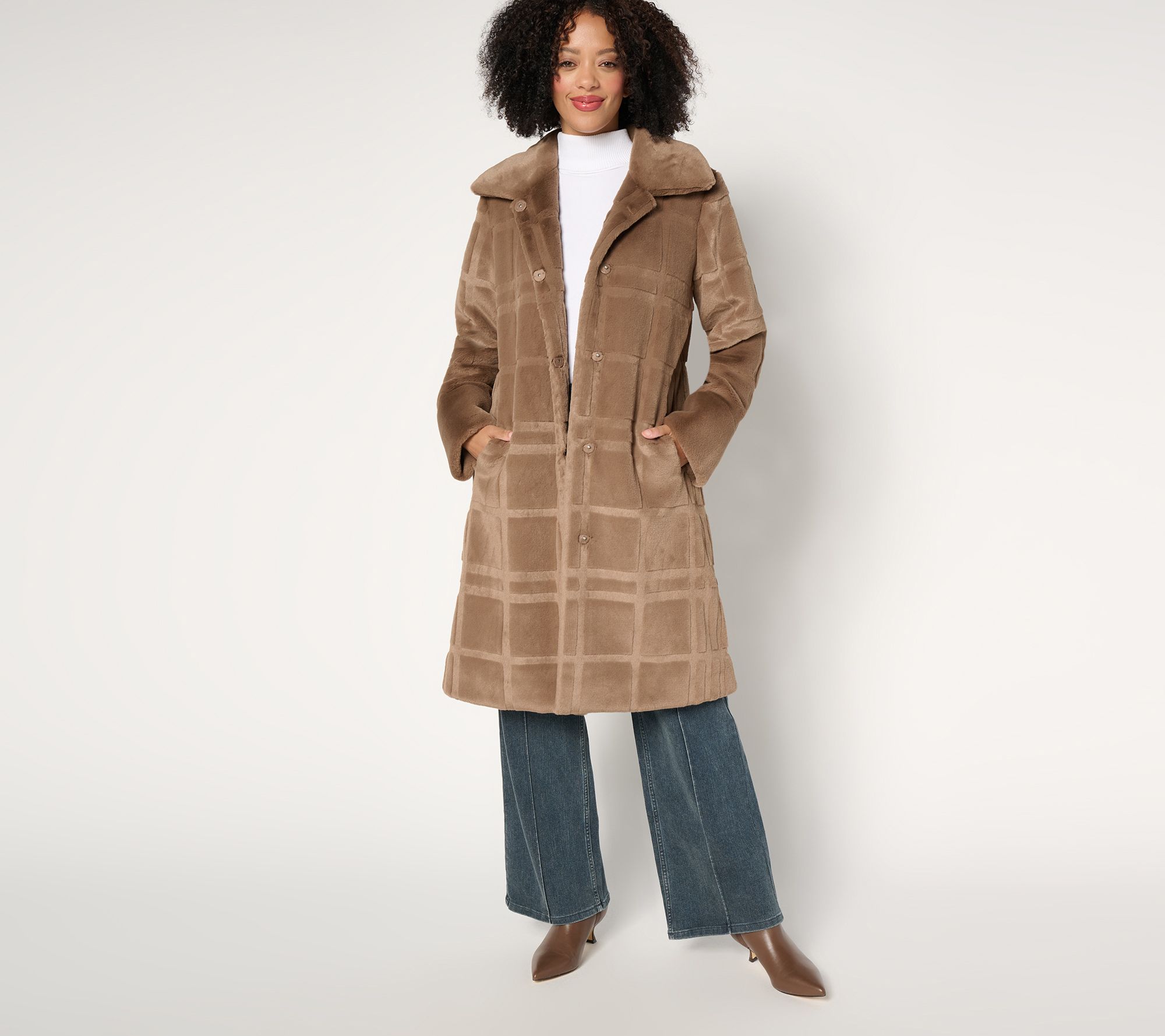 Dennis Basso Petite Sculpted Plaid Faux Fur Coat