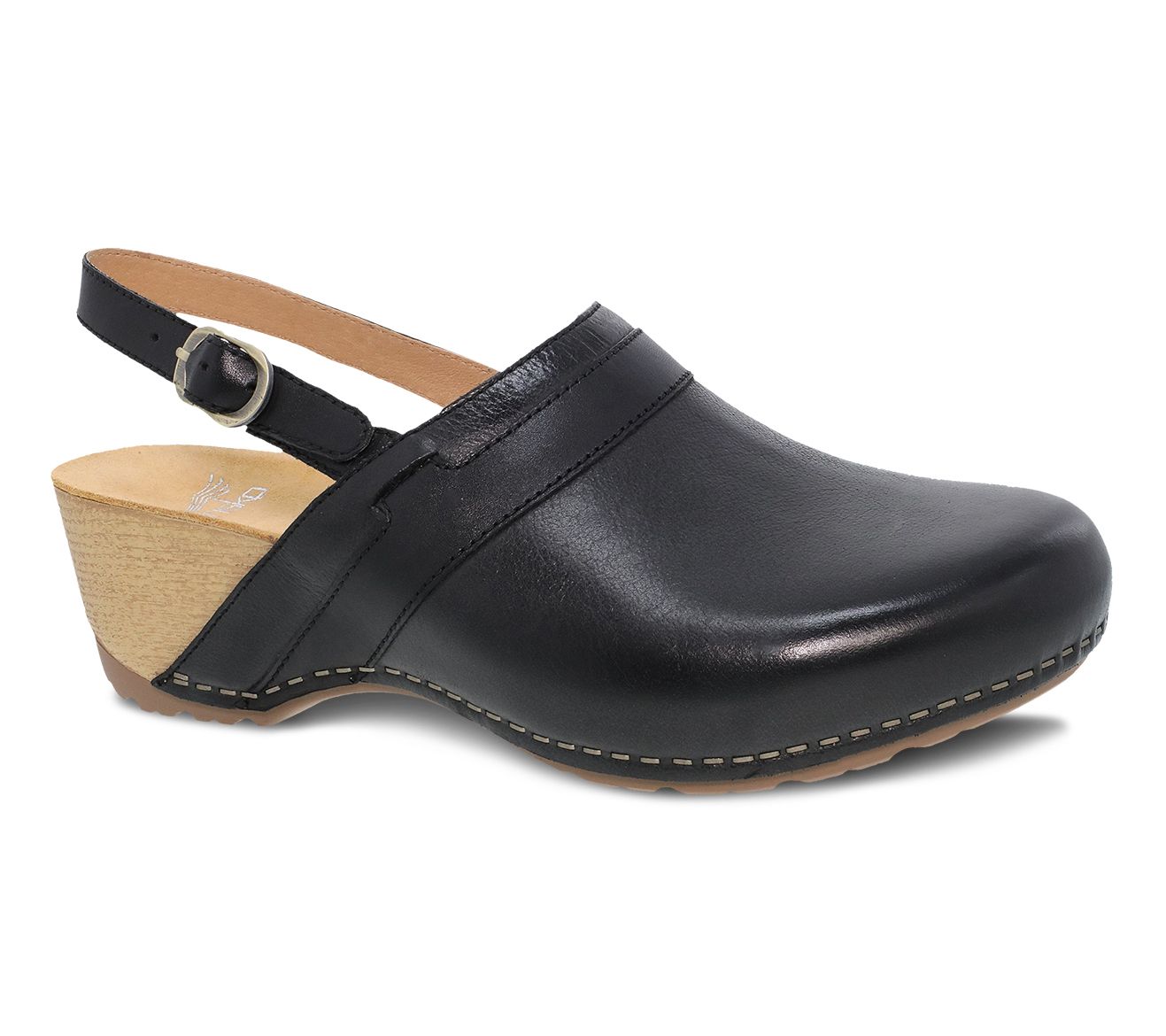 Dansko Black Milled Burnished Leather Wedge Clo g- Tammy