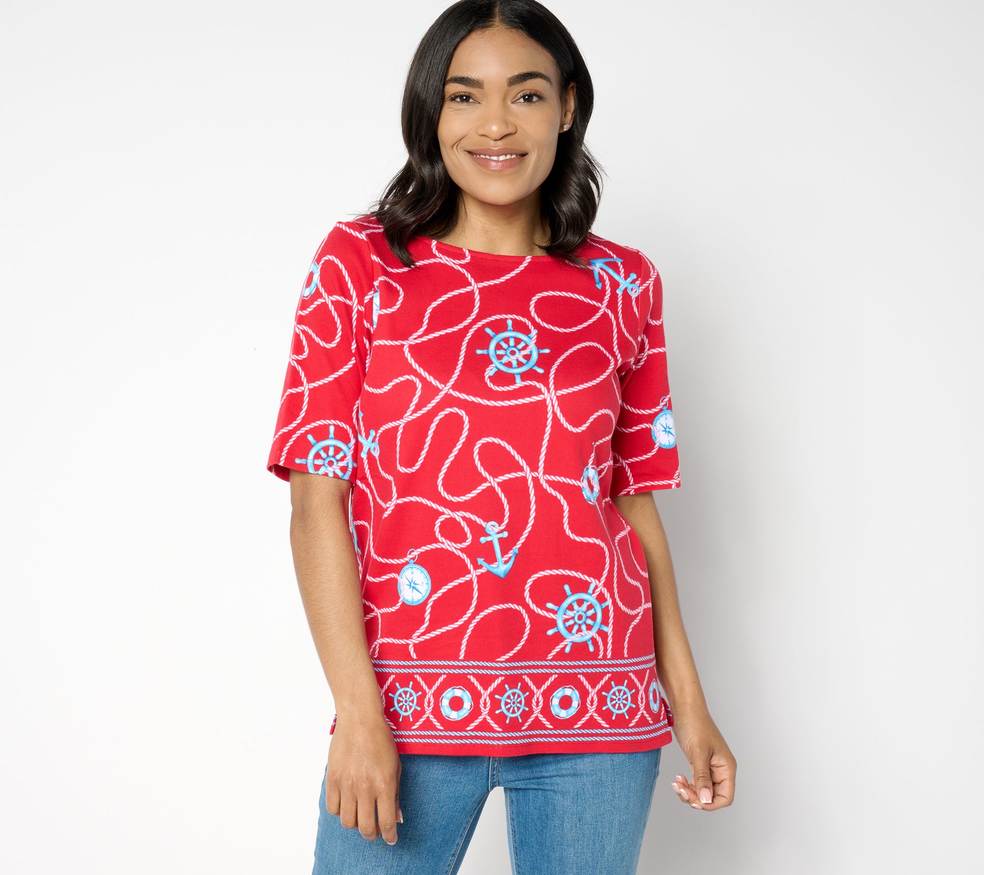 "As Is" Quacker Factory Ship Shape Bateau Neckline Elbow Sleeve Top