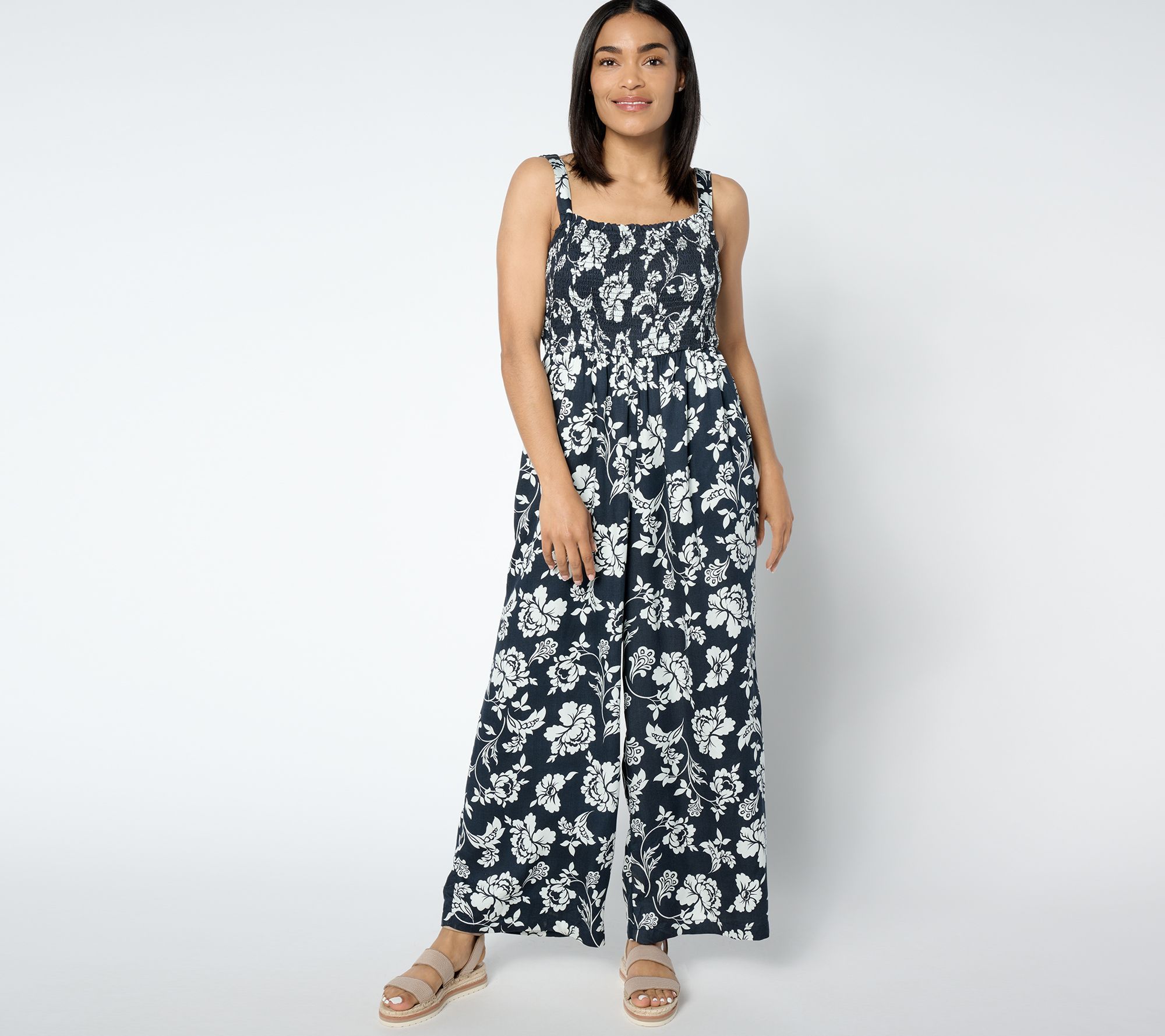 "As Is" Destination 365 Petite Printed Smocked Bodice Jumpsuit