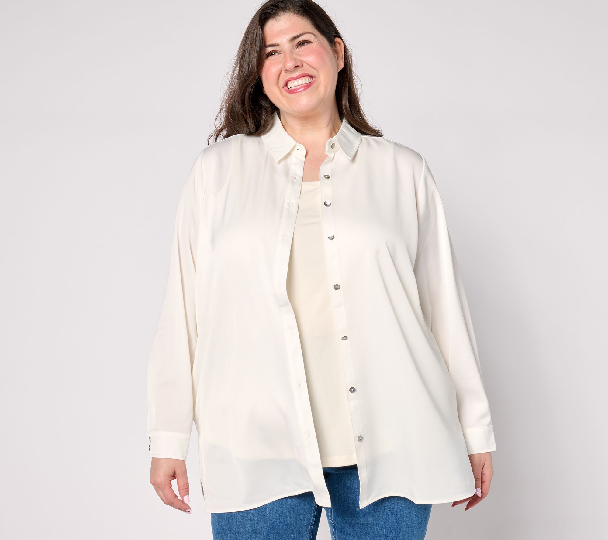 "As Is" Susan Graver Reg Woven Stretch Satin Long Slv Button Shacket