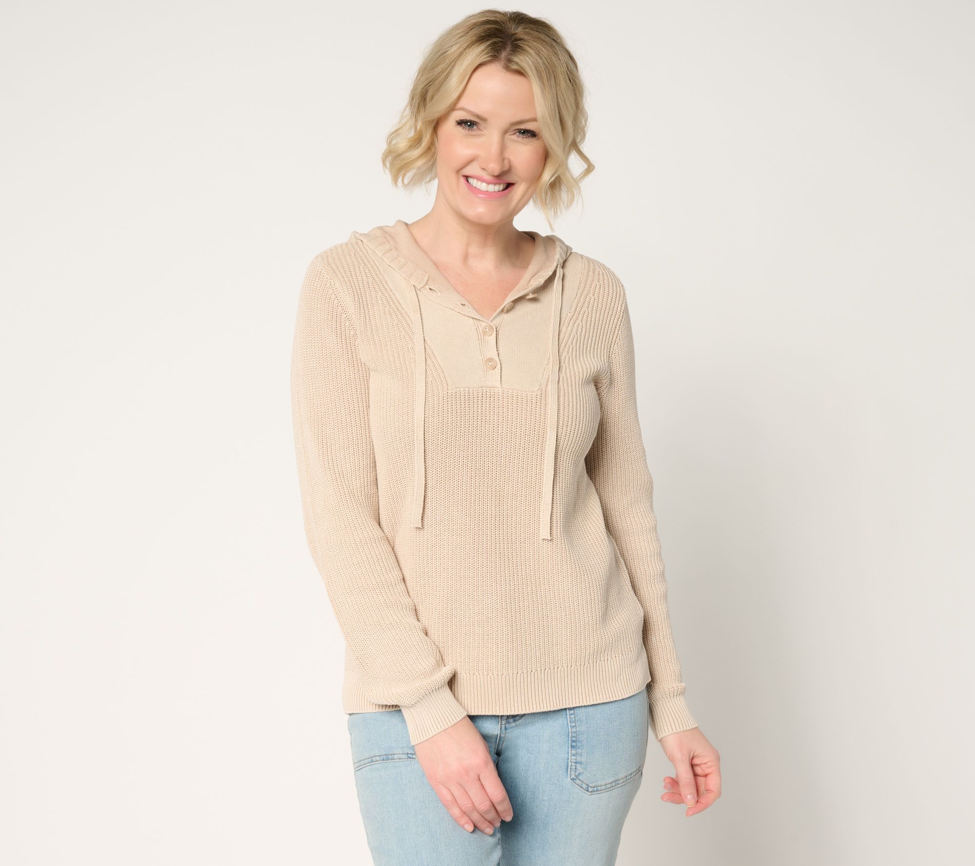 AnyBody Washed Cotton Hooded Sweater with Henley Neckline