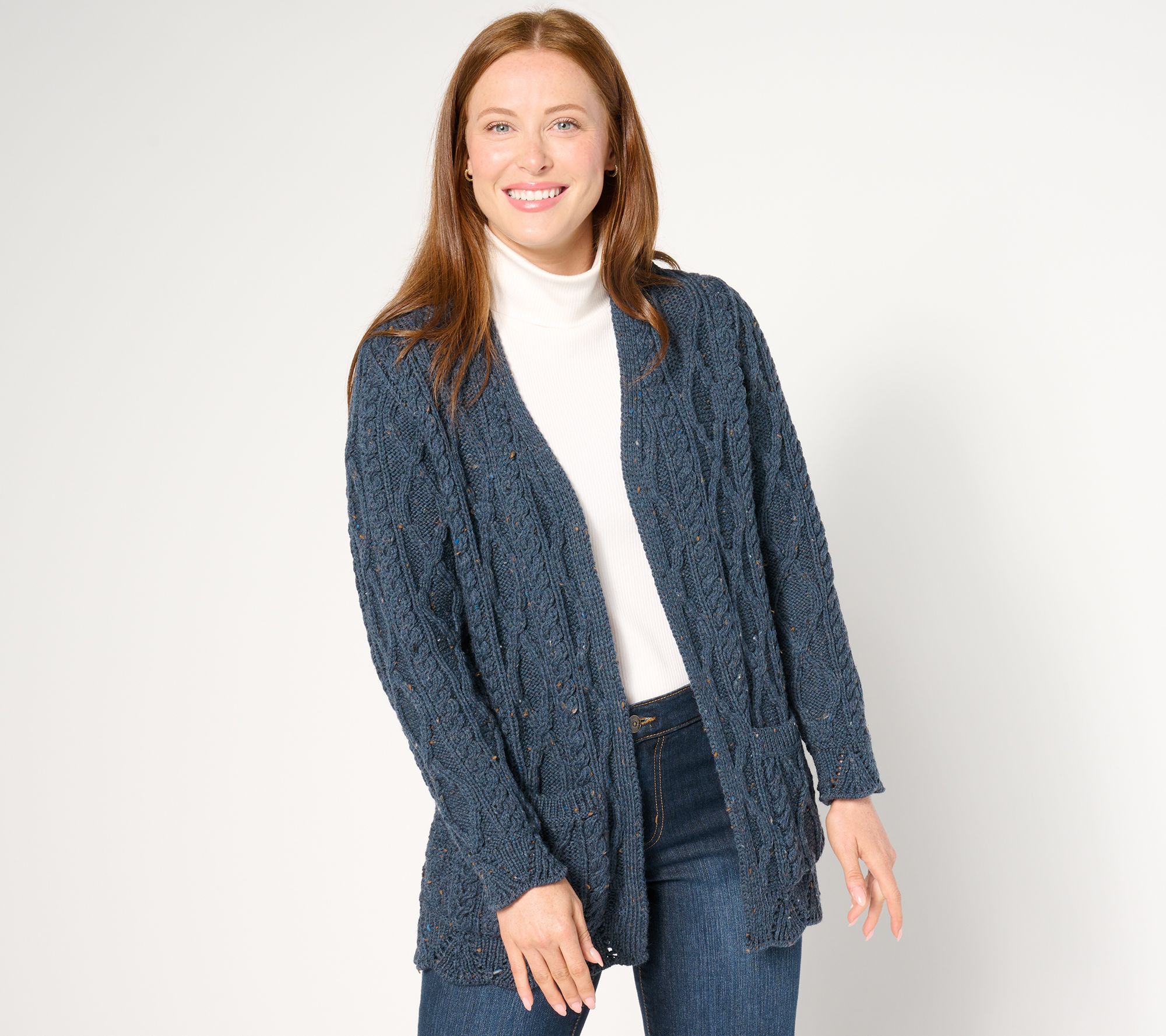 "As Is" Aran Crafts Merino Wool Open Front Cardigan with Scalloped Trim