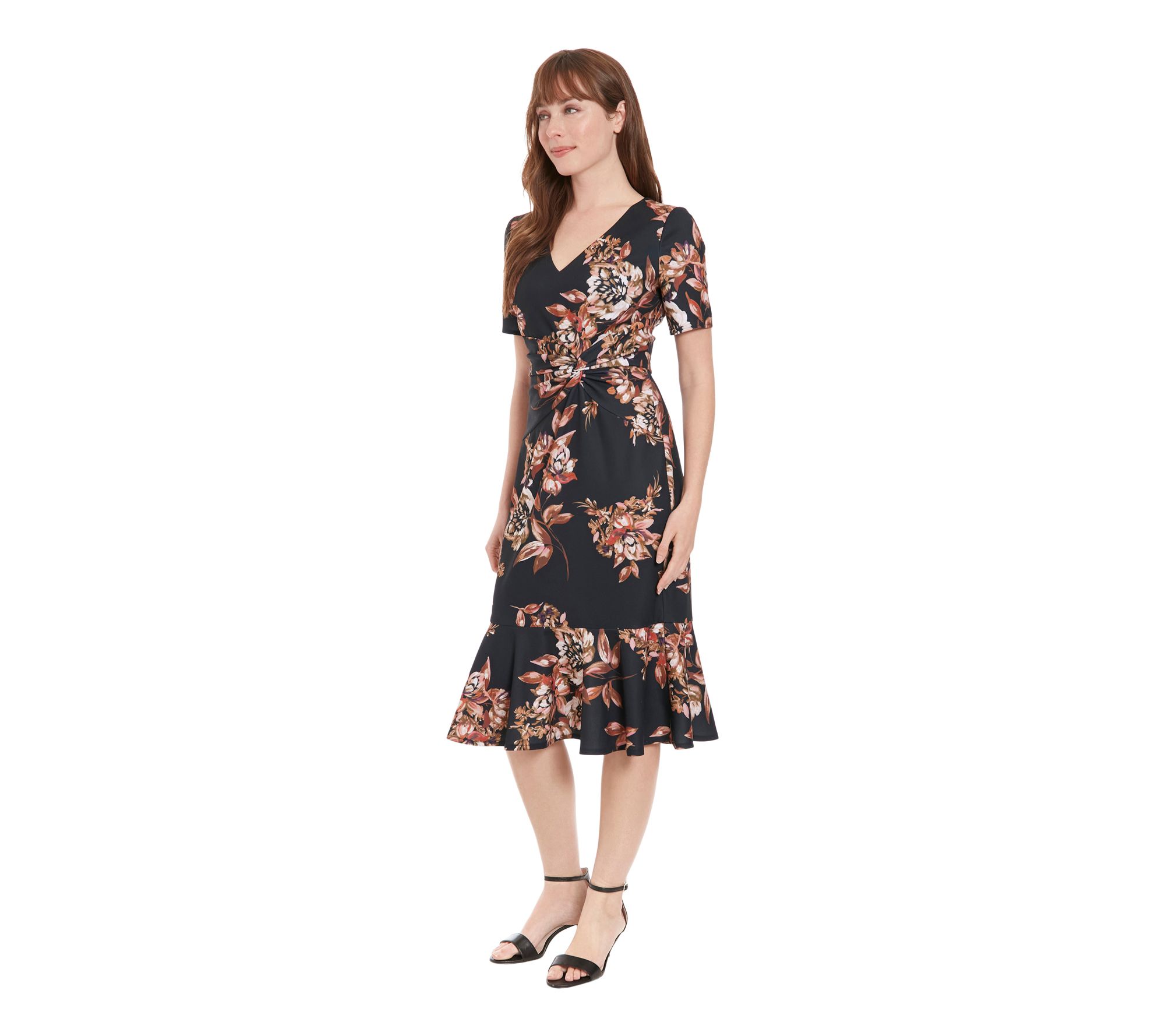 London Time Foil Print Flounce Hem Dress with S hort Sleeves