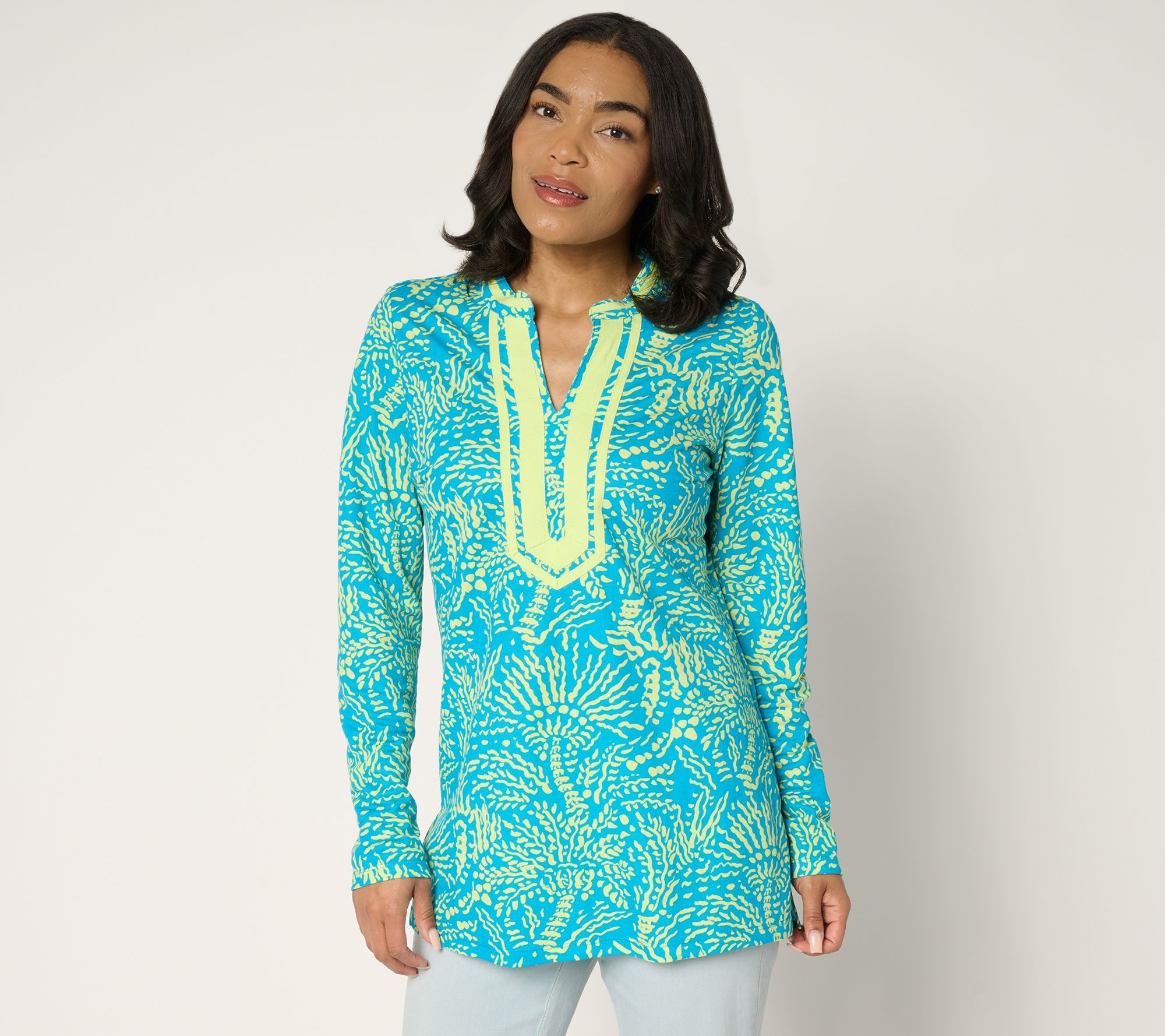 Bellisima by Kim Gravel Regular Cabana Knit Palm Trim Tunic