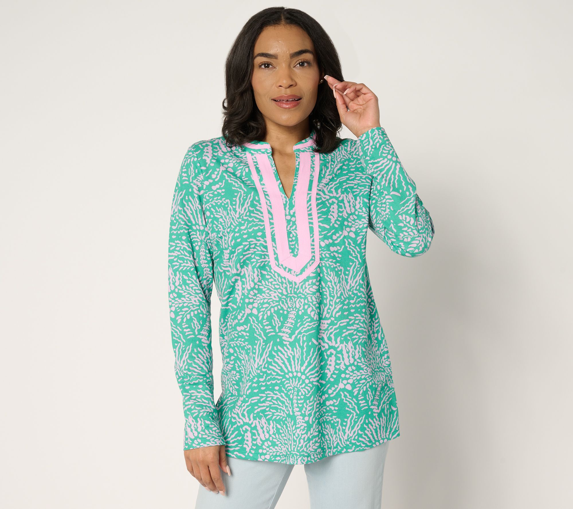 Bellisima by Kim Gravel Regular Cabana Knit Palm Trim Tunic