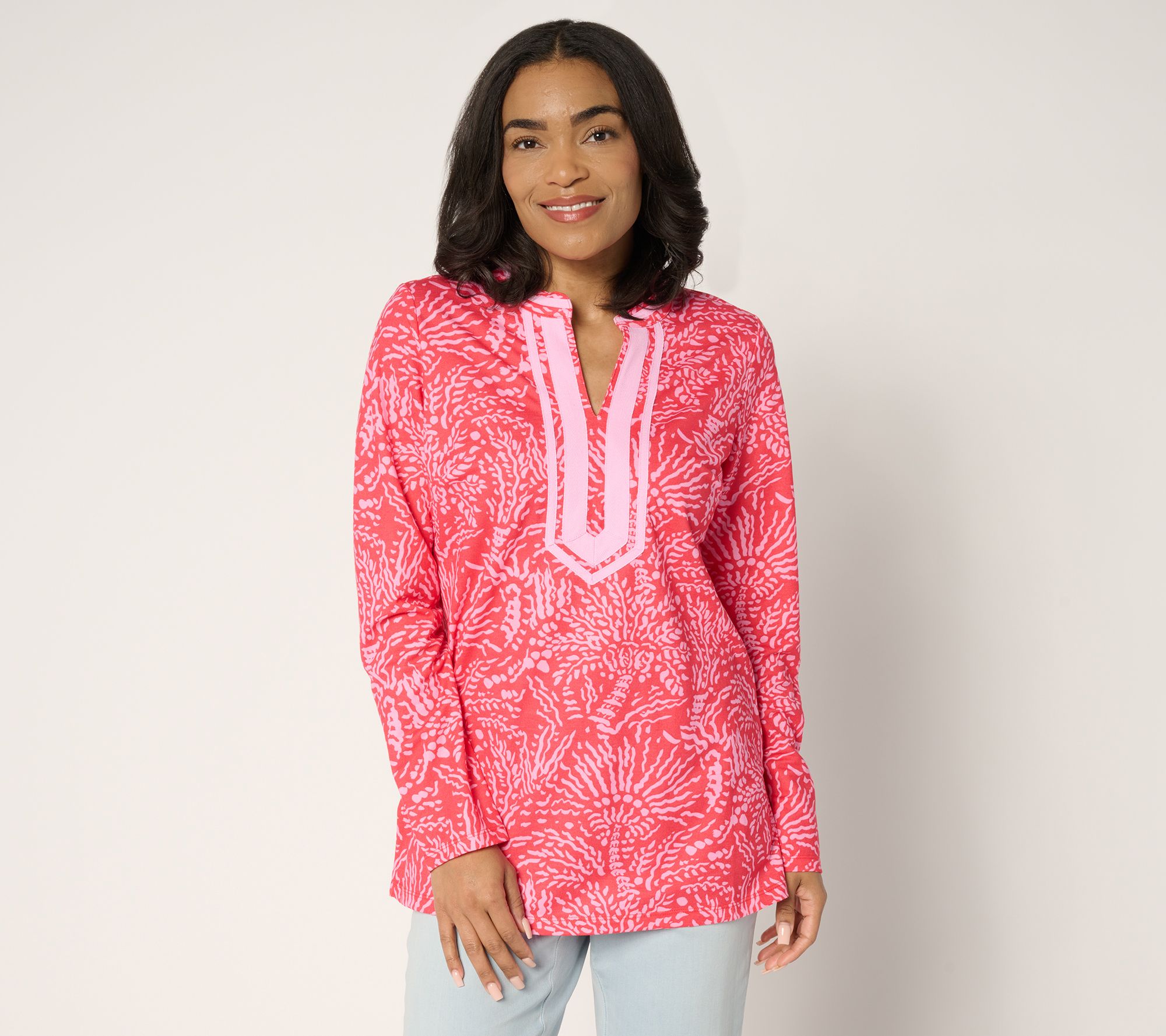 Bellisima by Kim Gravel Regular Cabana Knit Palm Trim Tunic