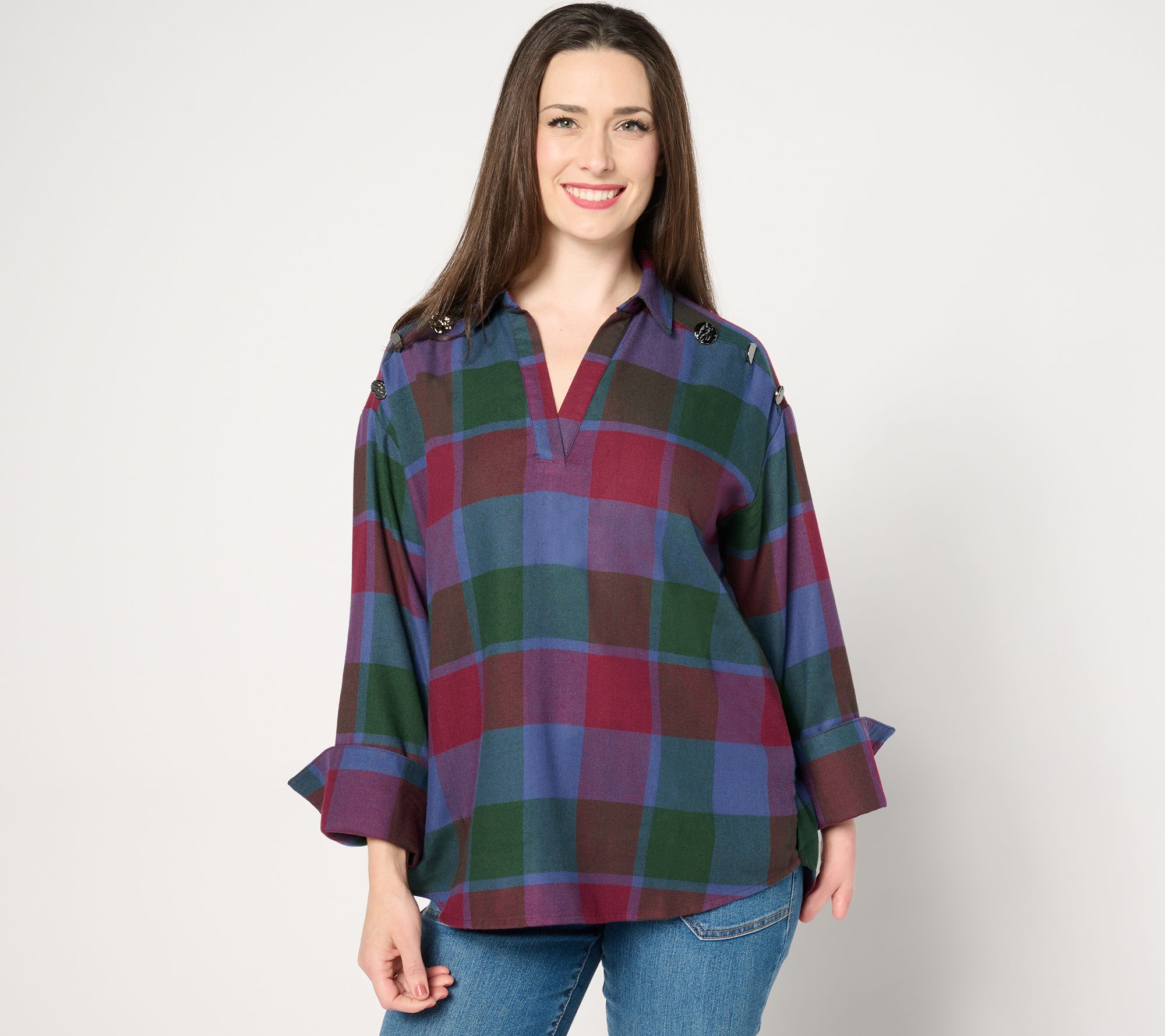 "As Is" Peace Love World Button Detail Popover Shirt