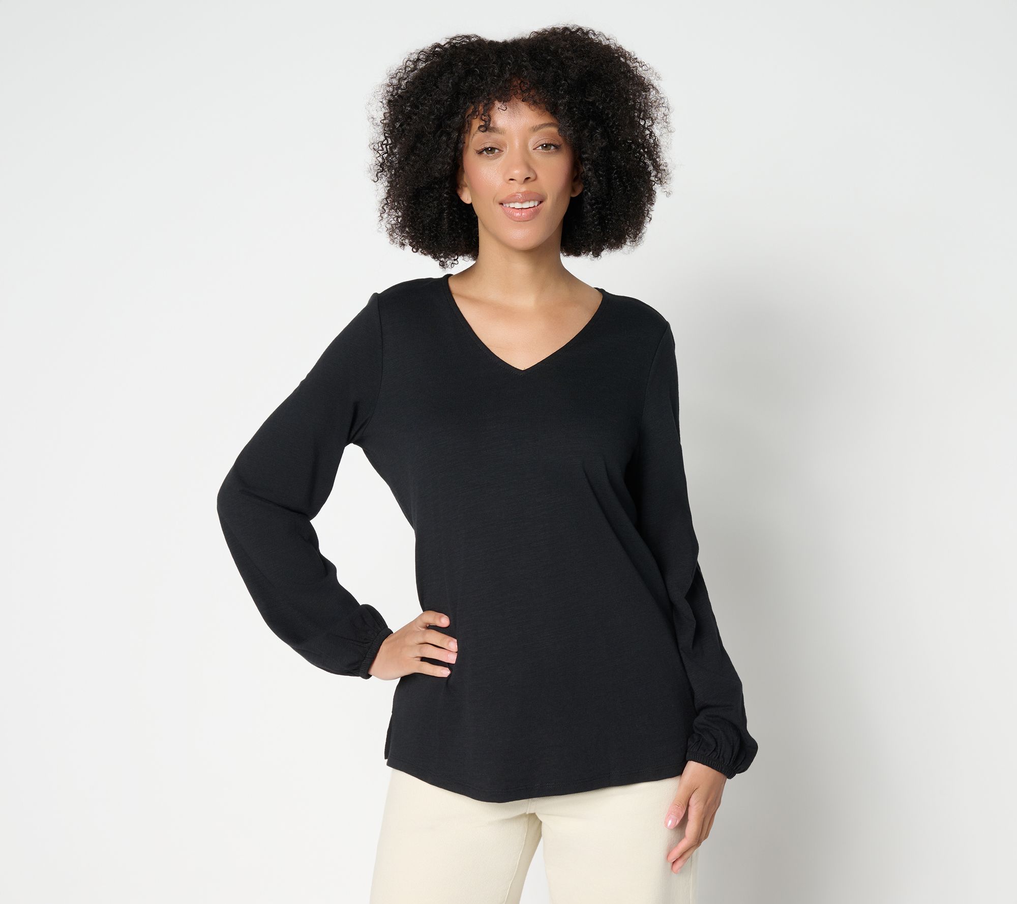 Belle by Kim Gravel Slub Knit V Neck Blouson Sleeve Top
