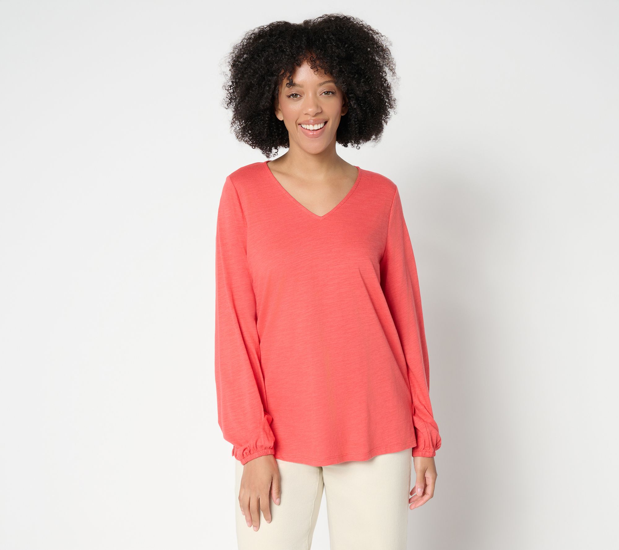 Belle by Kim Gravel Slub Knit V Neck Blouson Sleeve Top