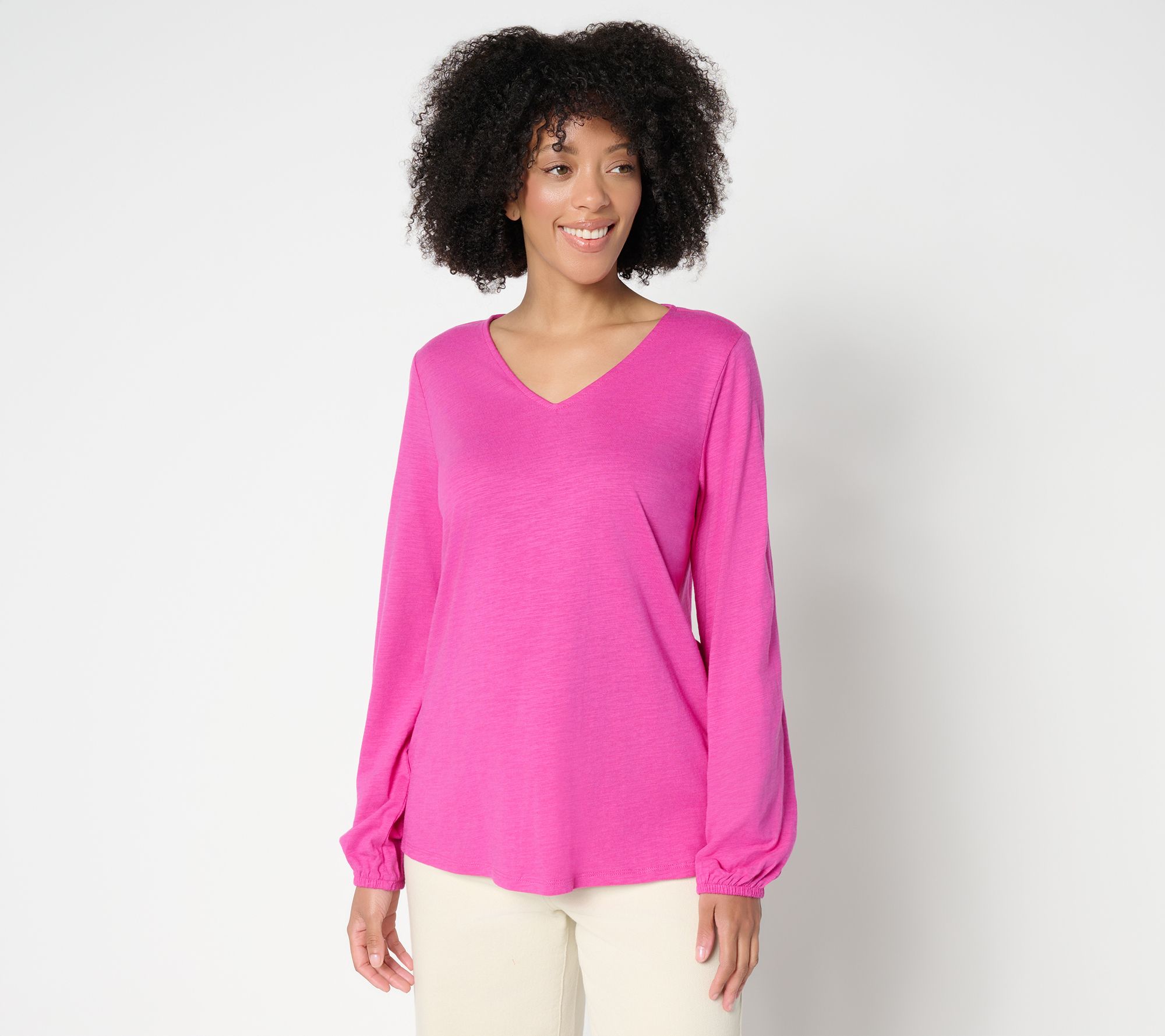 Belle by Kim Gravel Slub Knit V Neck Blouson Sleeve Top