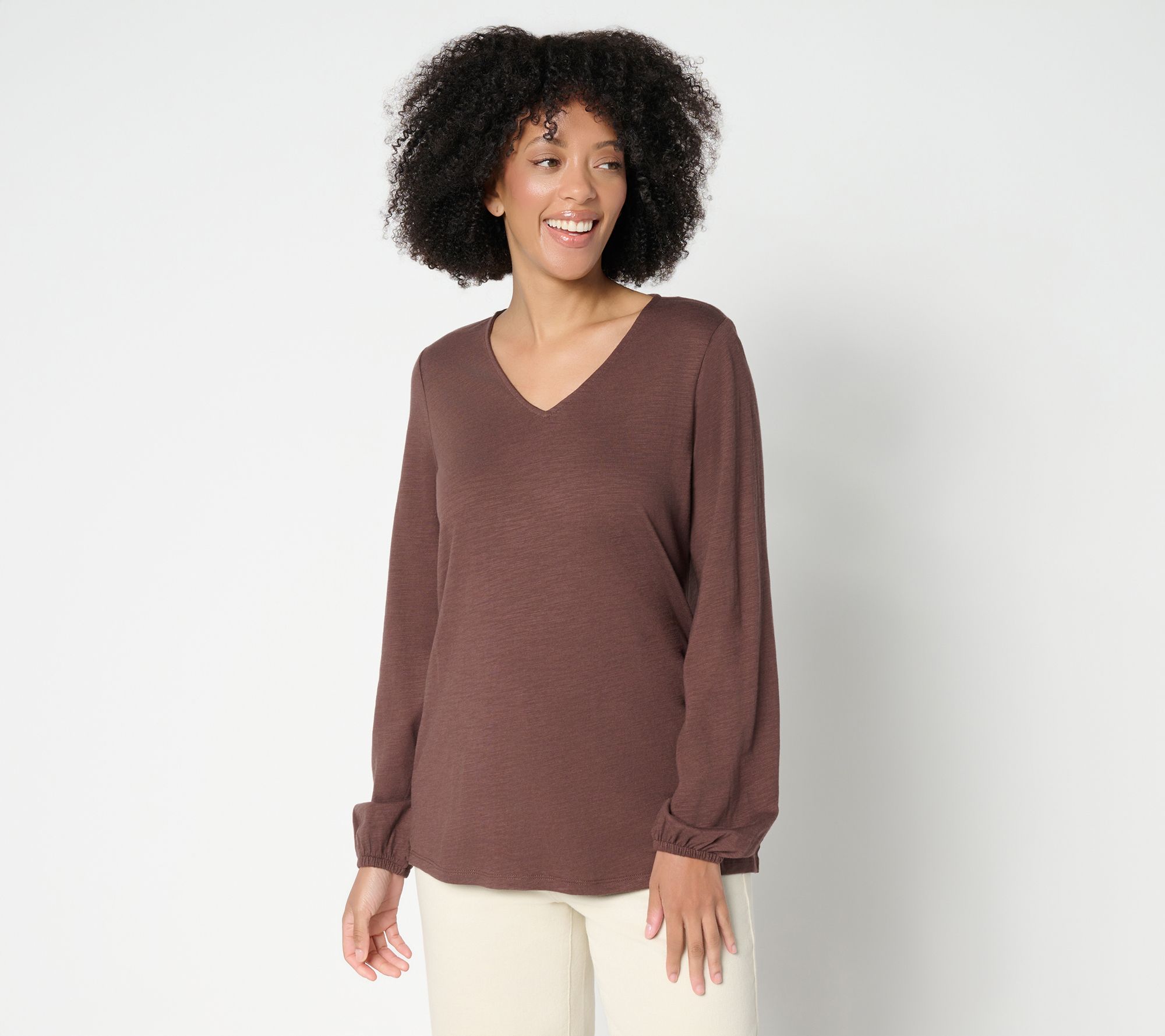 Belle by Kim Gravel Slub Knit V Neck Blouson Sleeve Top
