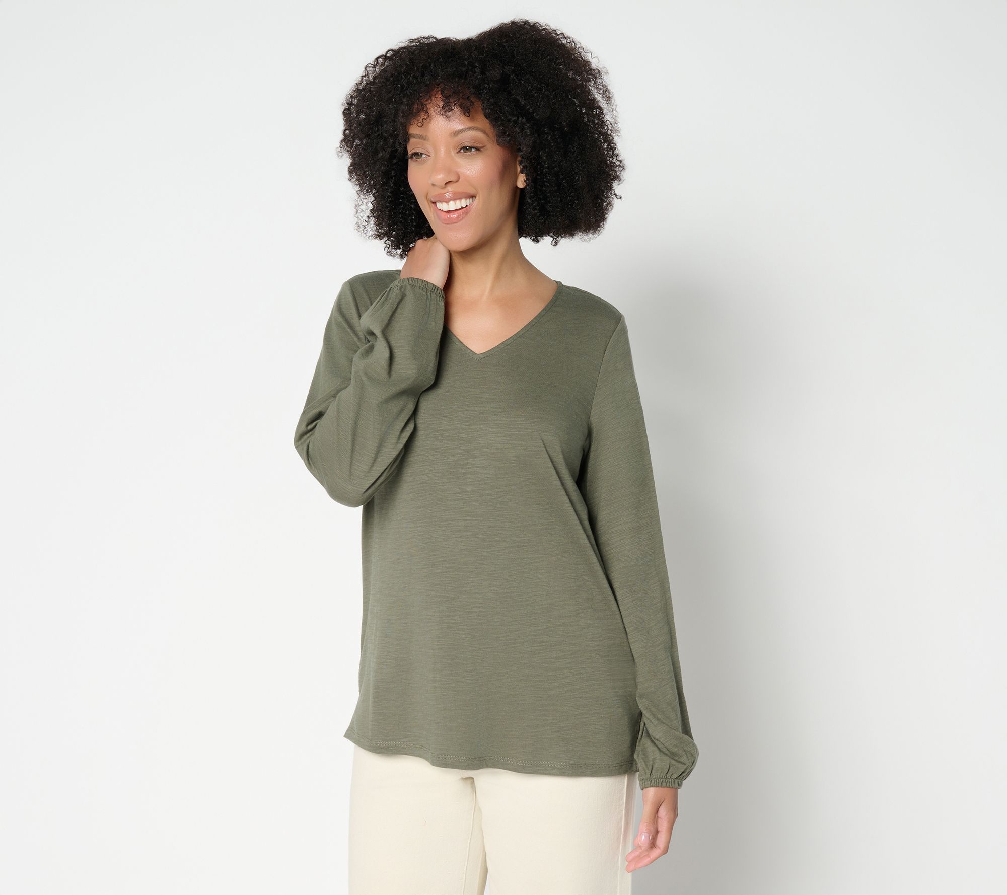 Belle by Kim Gravel Slub Knit V Neck Blouson Sleeve Top