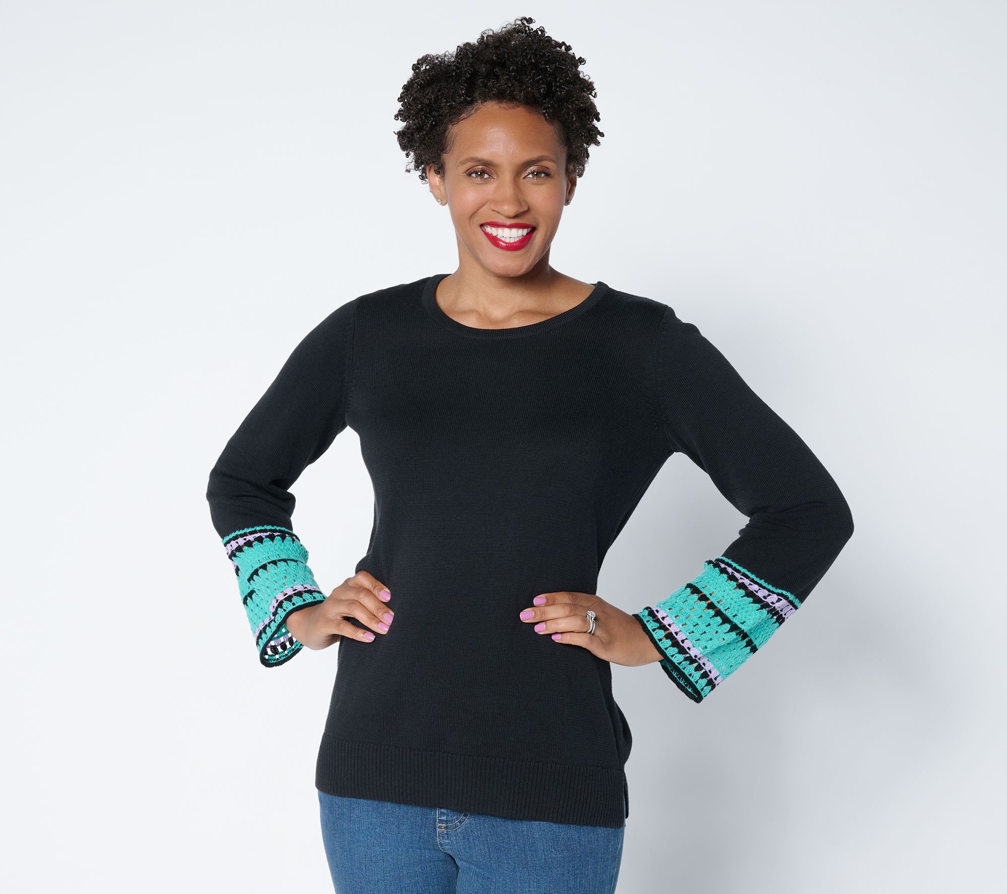 Belle Boho by Kim Gravel Crochet Cuff Scoop Neck Sweater