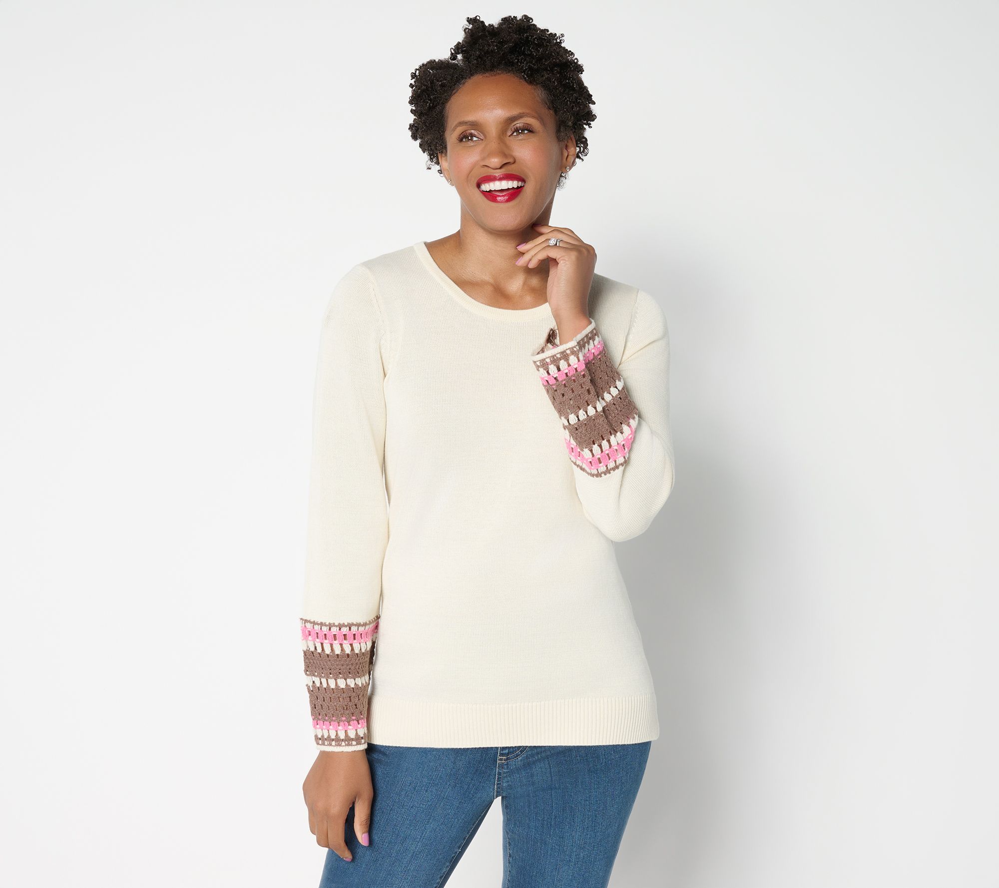 Belle Boho by Kim Gravel Crochet Cuff Scoop Neck Sweater