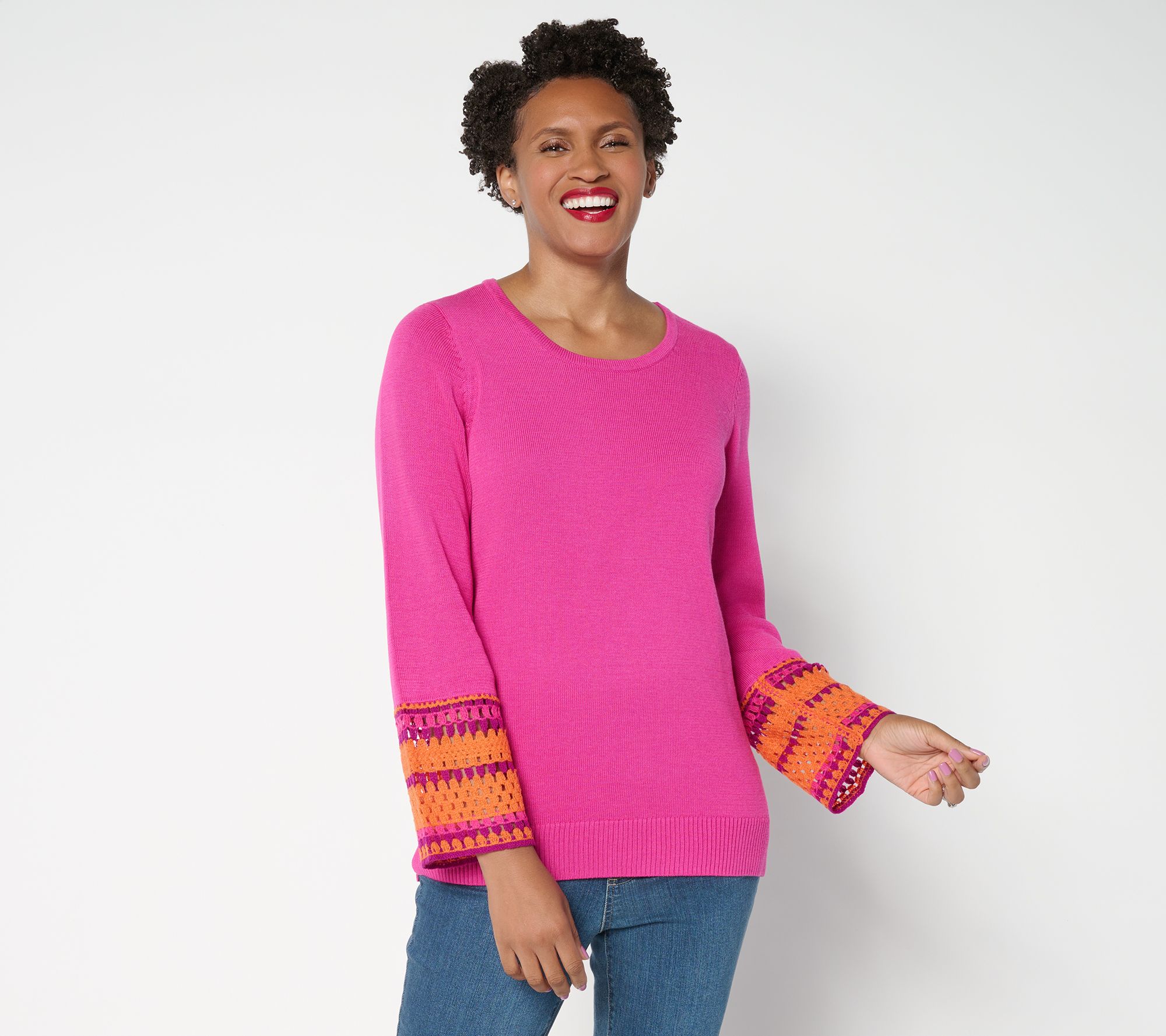 Belle Boho by Kim Gravel Crochet Cuff Scoop Neck Sweater