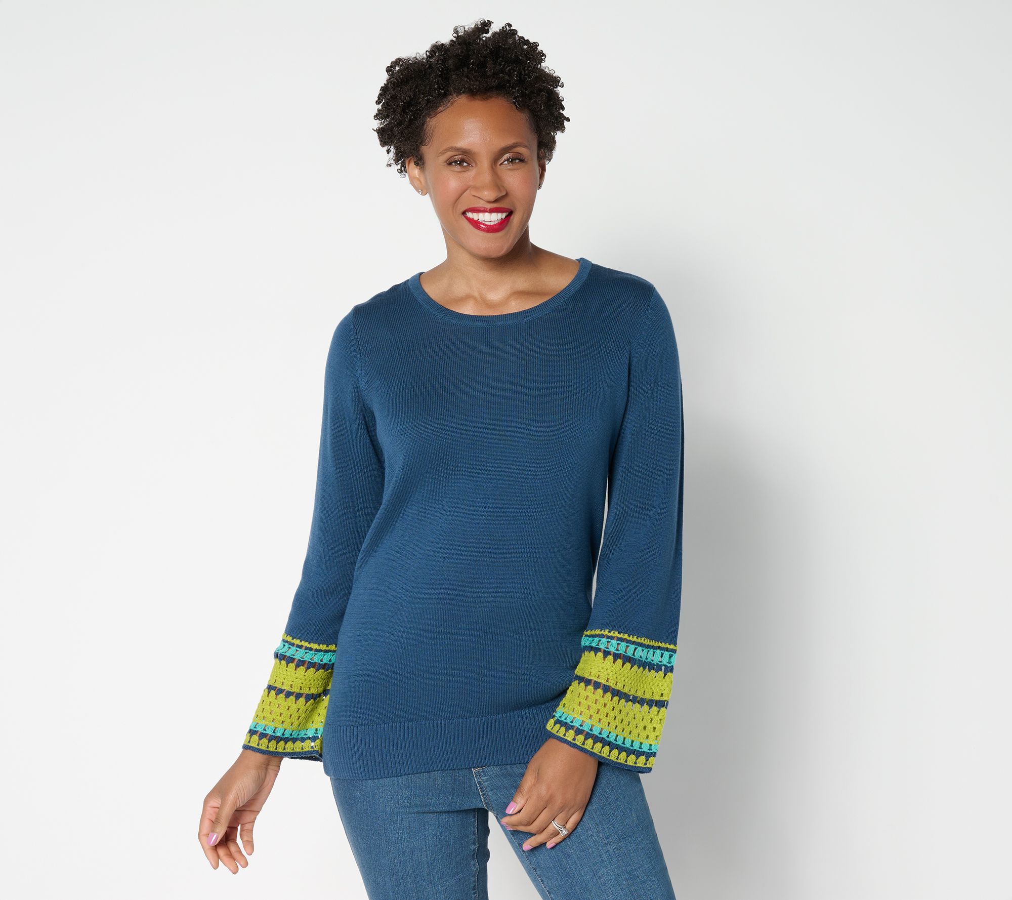 Belle Boho by Kim Gravel Crochet Cuff Scoop Neck Sweater