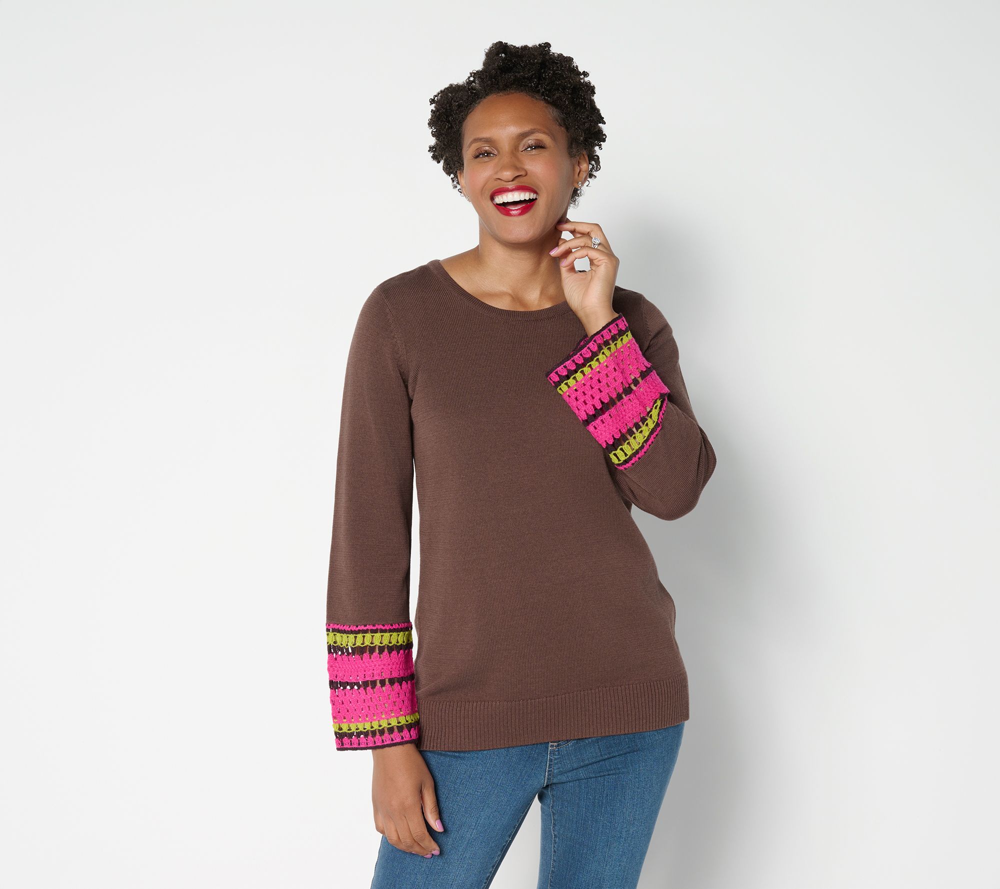 Belle Boho by Kim Gravel Crochet Cuff Scoop Neck Sweater