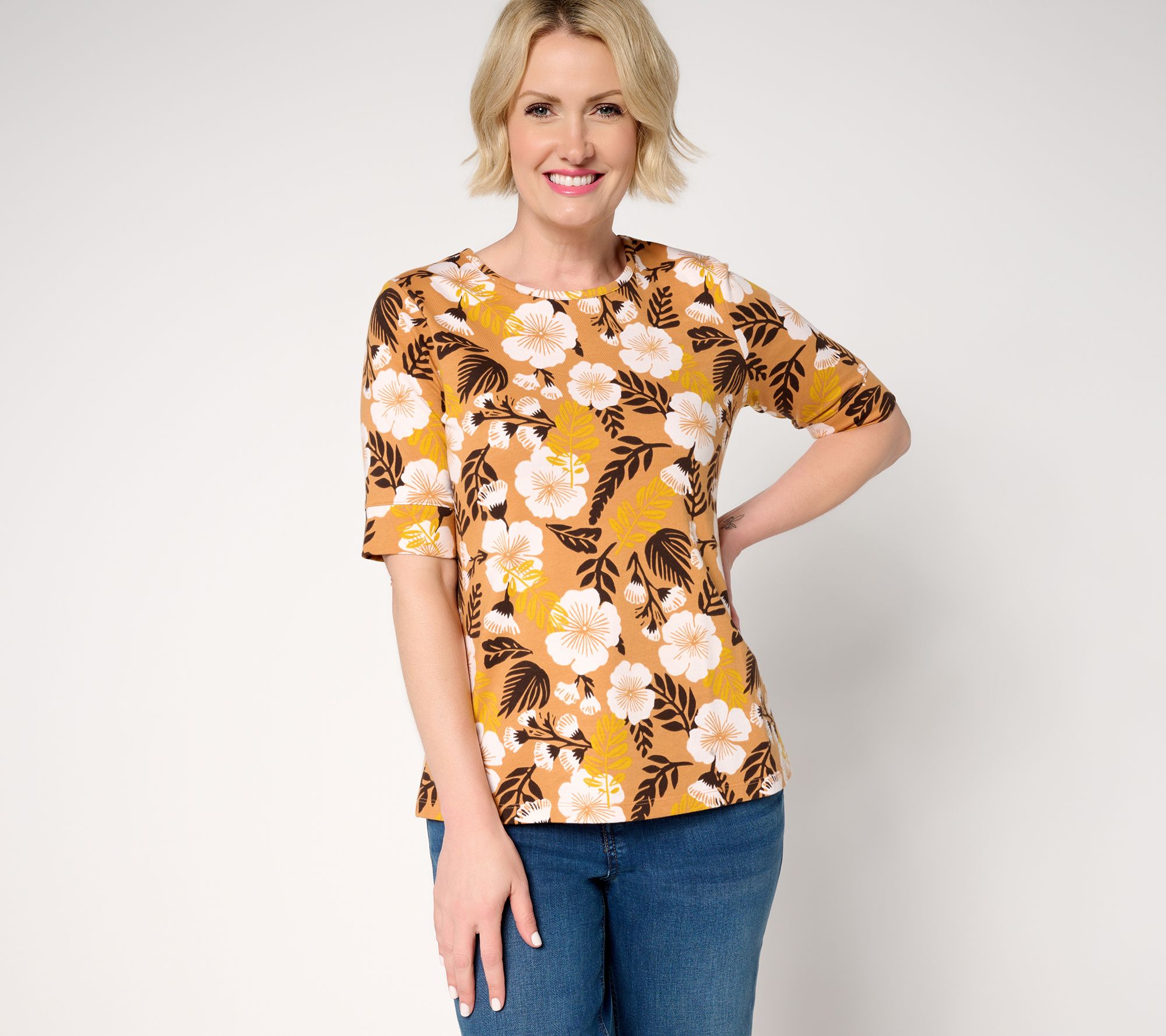 Denim & Co. Perfect Jersey Round Neck Elbow Sleeve Floral Top