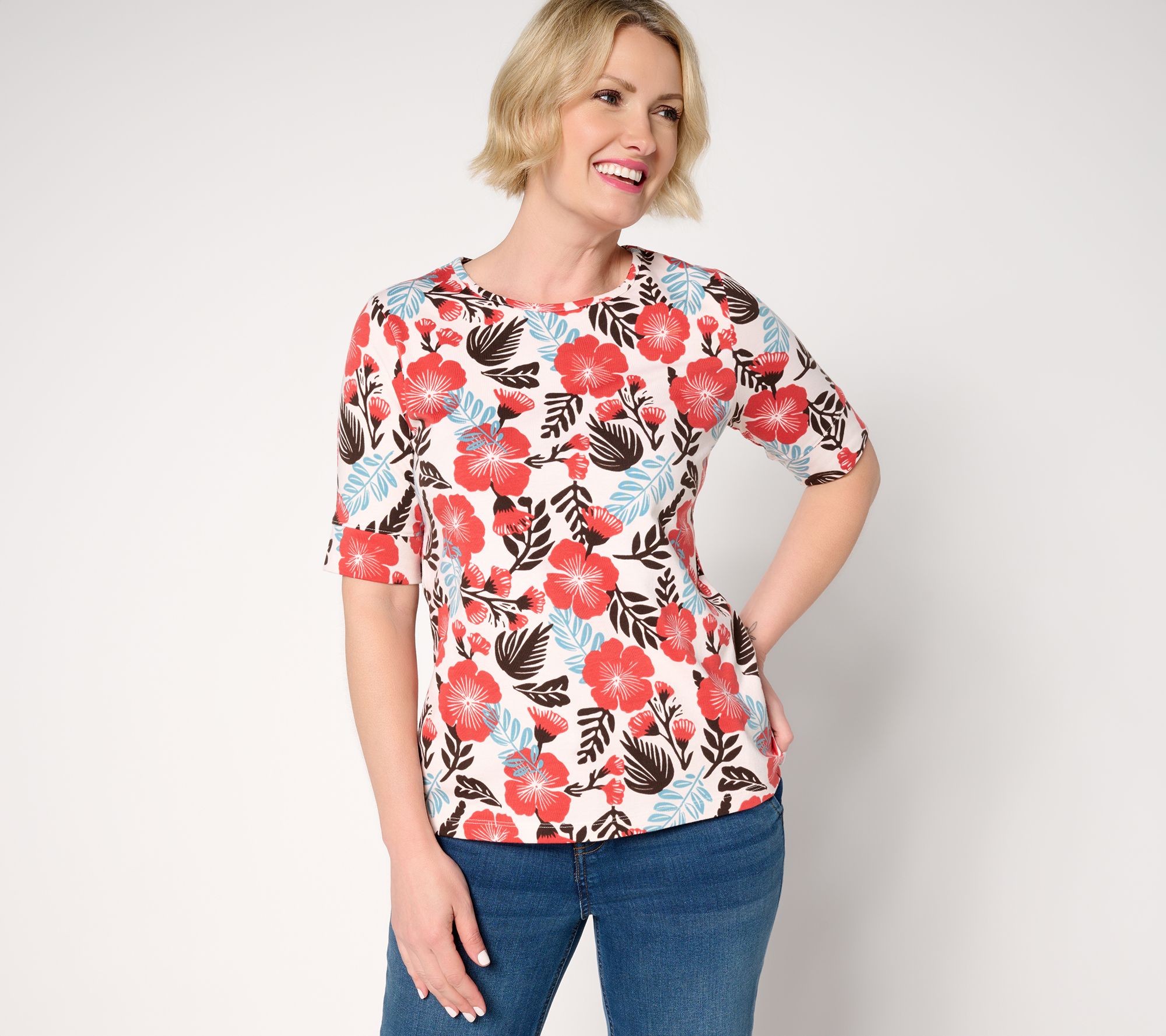Denim & Co. Perfect Jersey Round Neck Elbow Sleeve Floral Top