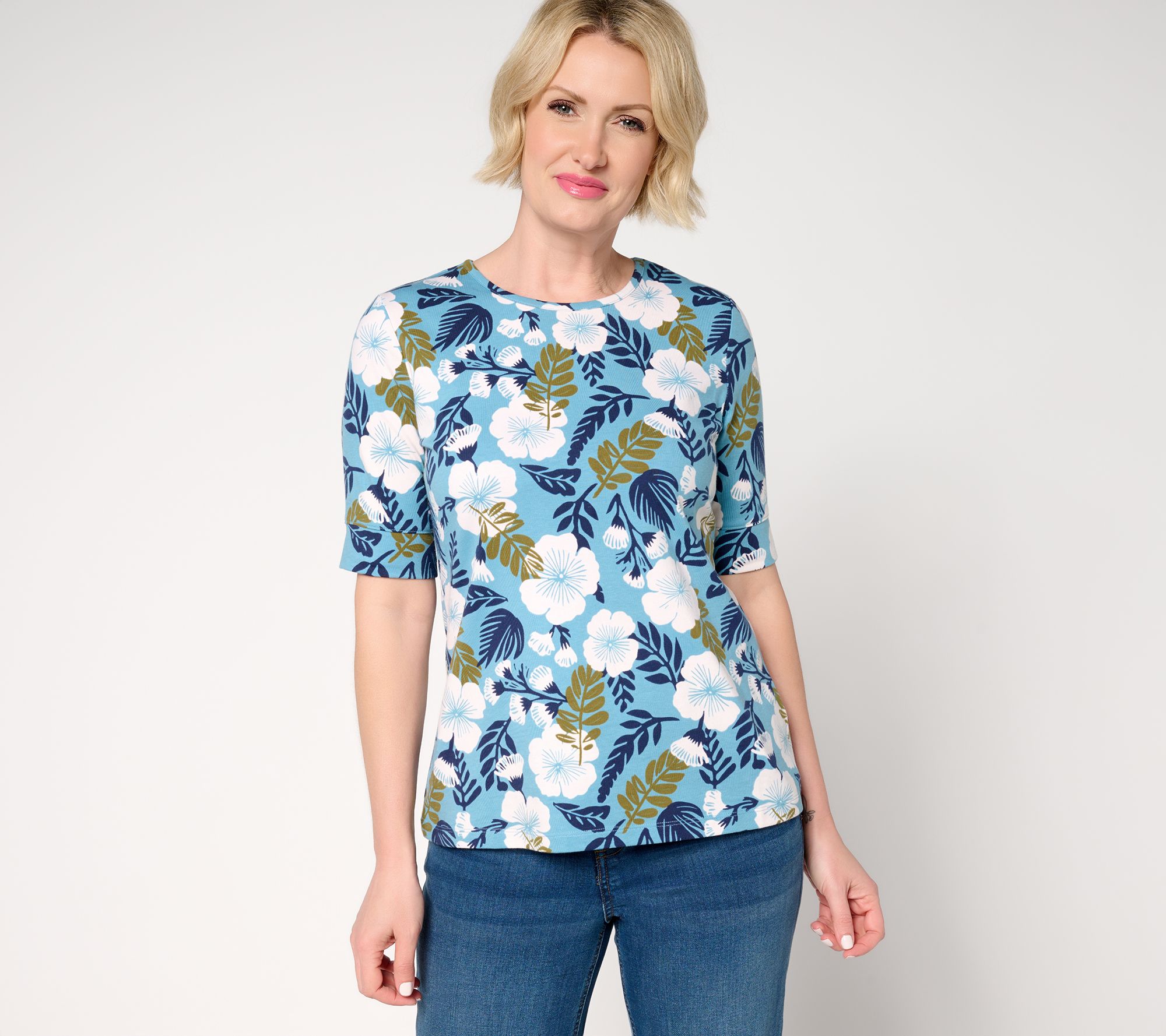 Denim & Co. Perfect Jersey Round Neck Elbow Sleeve Floral Top
