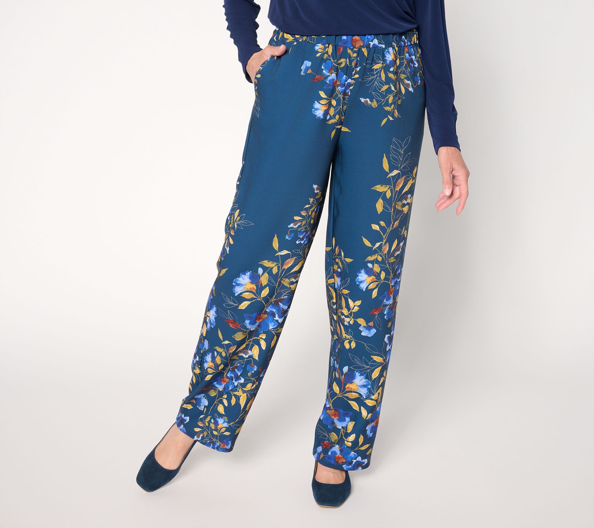 Susan Graver Printed Stretch Matte Twill Pull-On Wide-Leg Pants