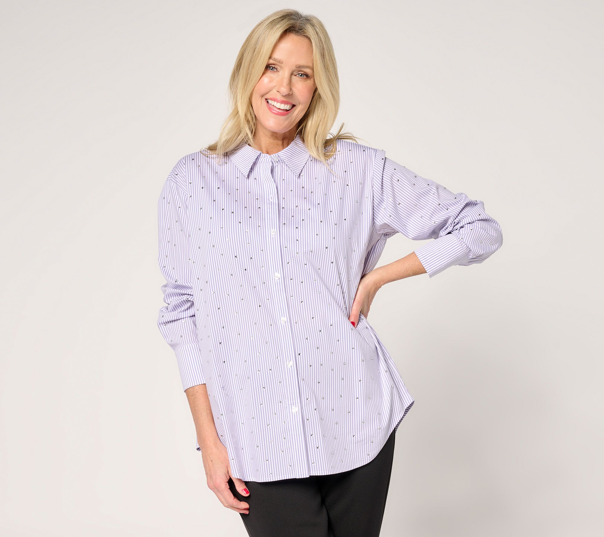 "As Is" GRAVER Susan Graver Relax Yarn Dye Rhinestone Shirt