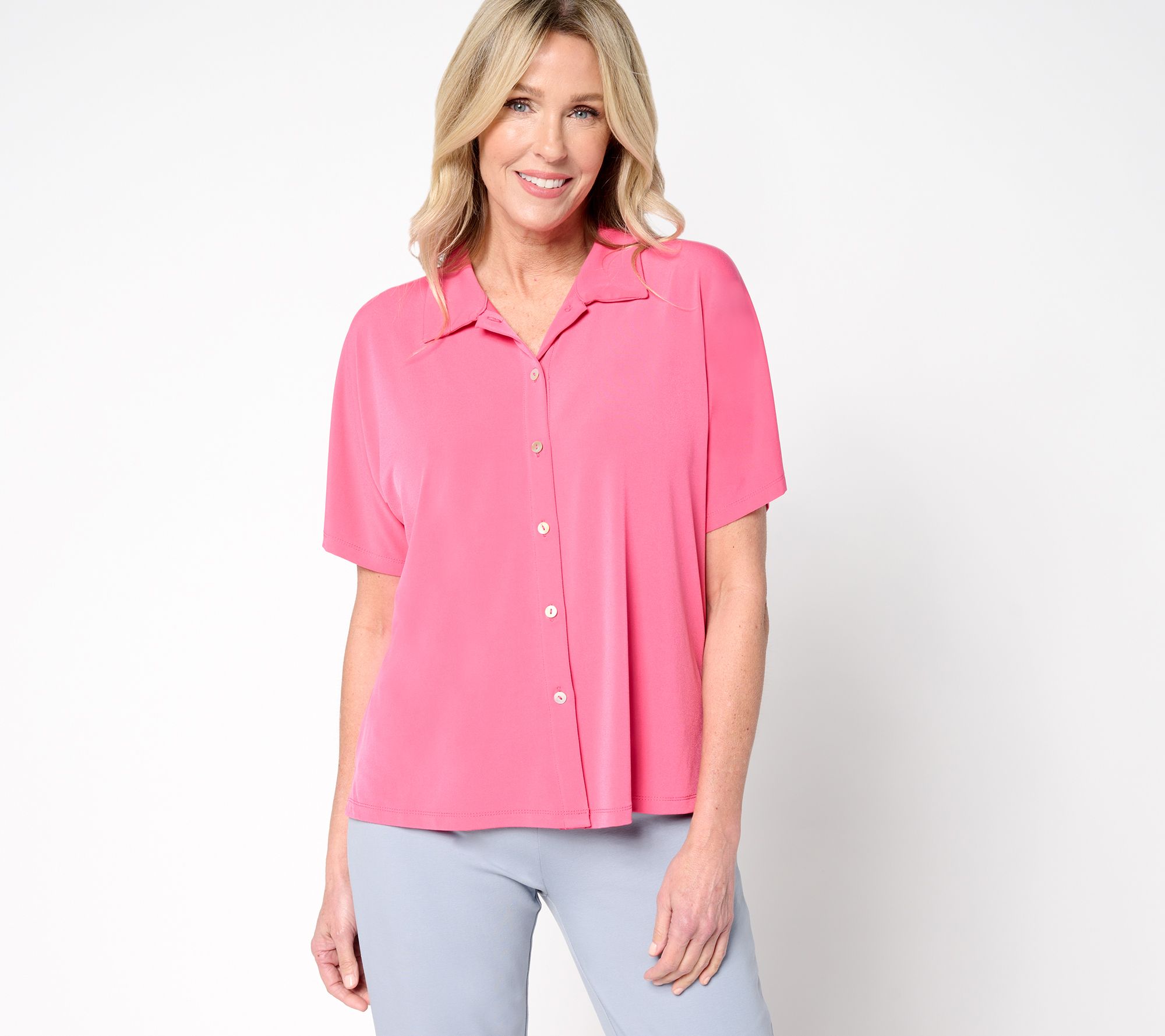 "As Is" Susan Graver Every Day Liquid Knit Dolman Sleeve Camp Shirt