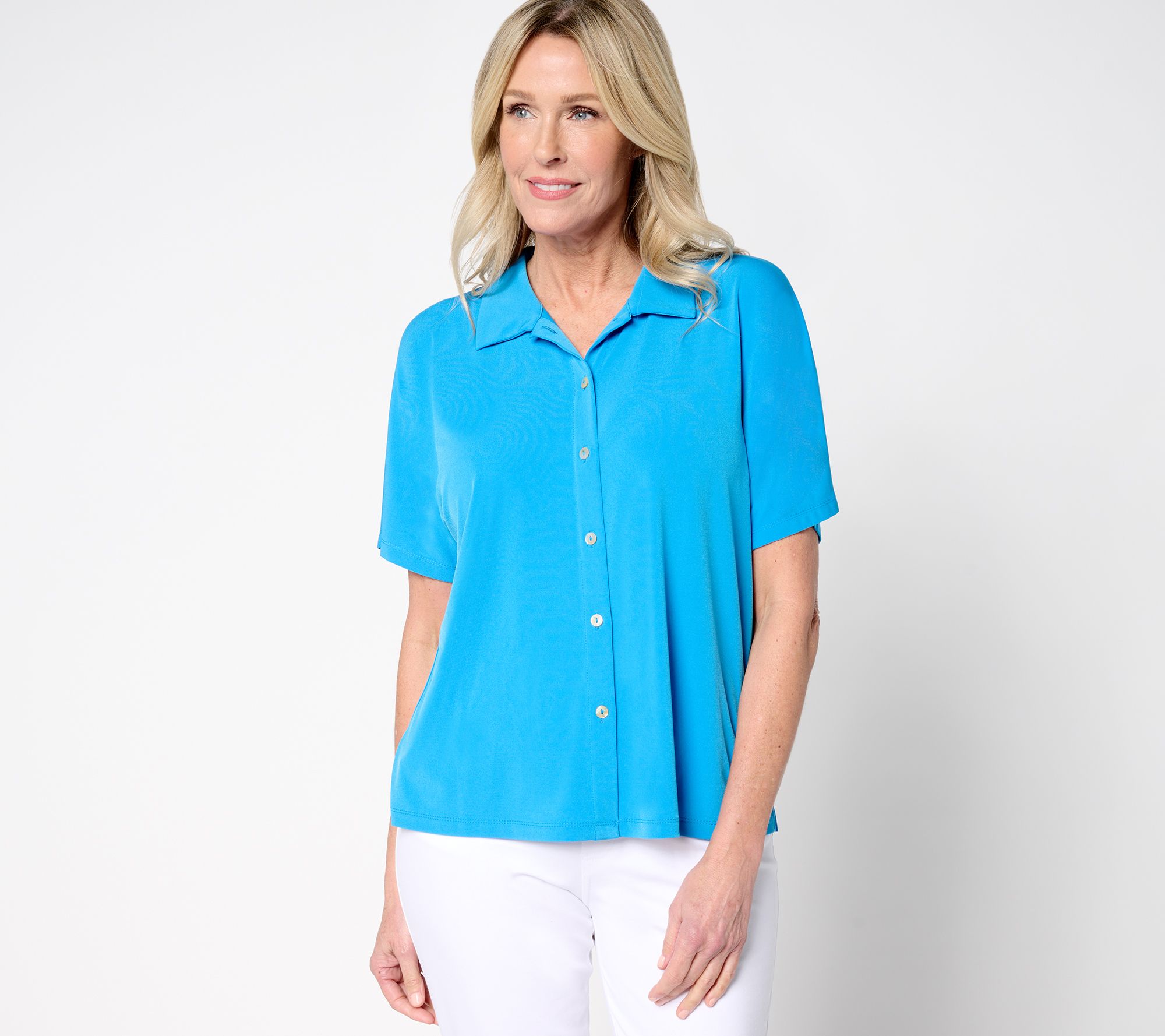 "As Is" Susan Graver Every Day Liquid Knit Dolman Sleeve Camp Shirt