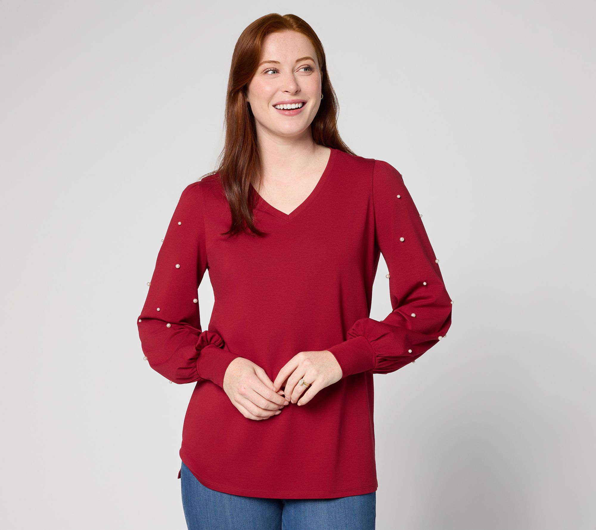 Belle by Kim Gravel TripleLuxe Knit Uptown Pearls Trimmed Top