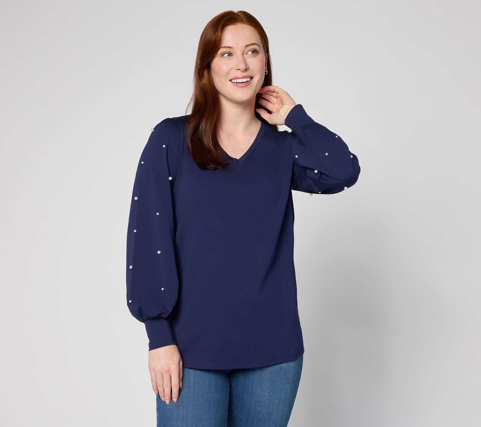 Belle by Kim Gravel TripleLuxe Knit Uptown Pearls Trimmed Top