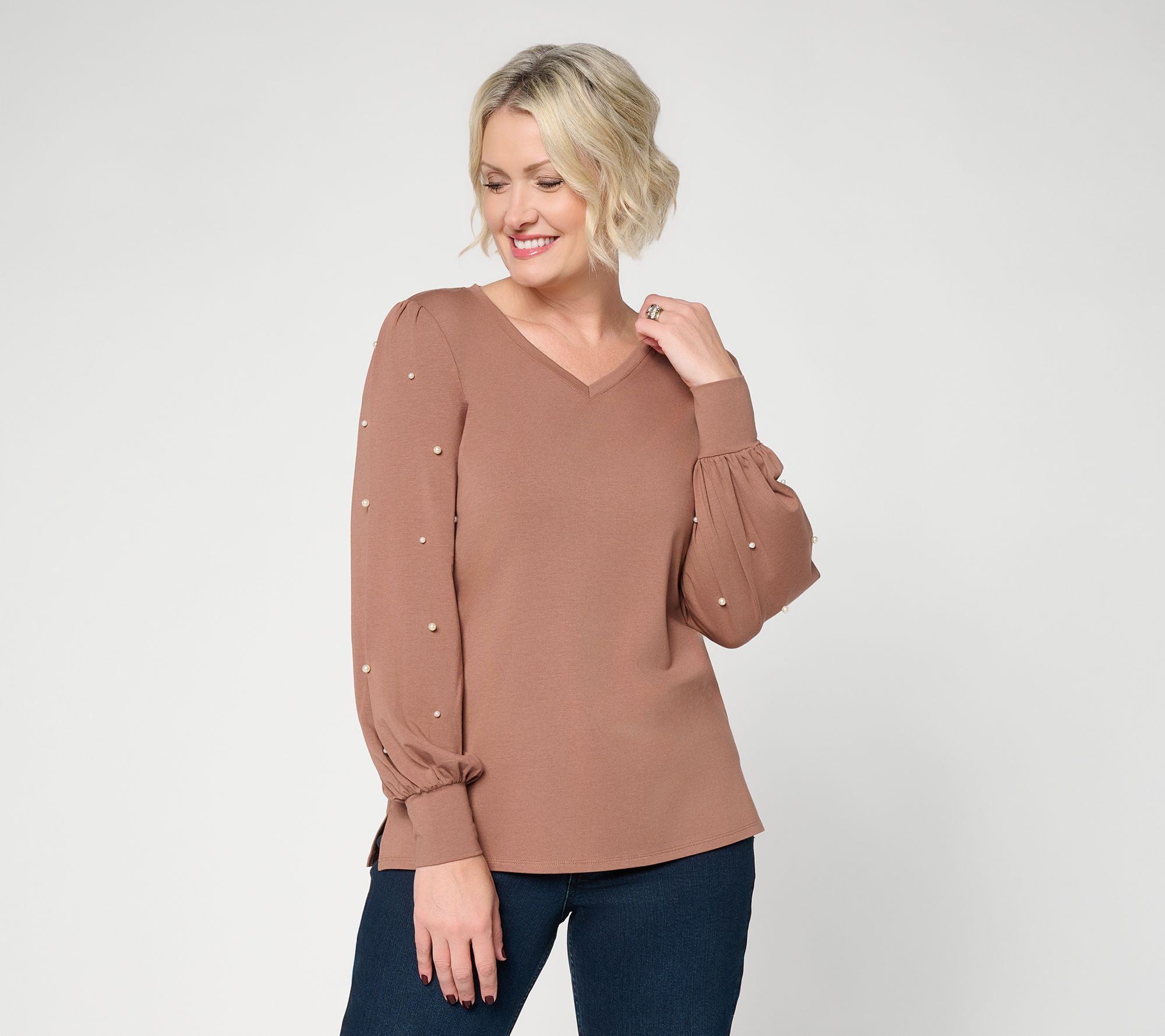Belle by Kim Gravel TripleLuxe Knit Uptown Pearls Trimmed Top