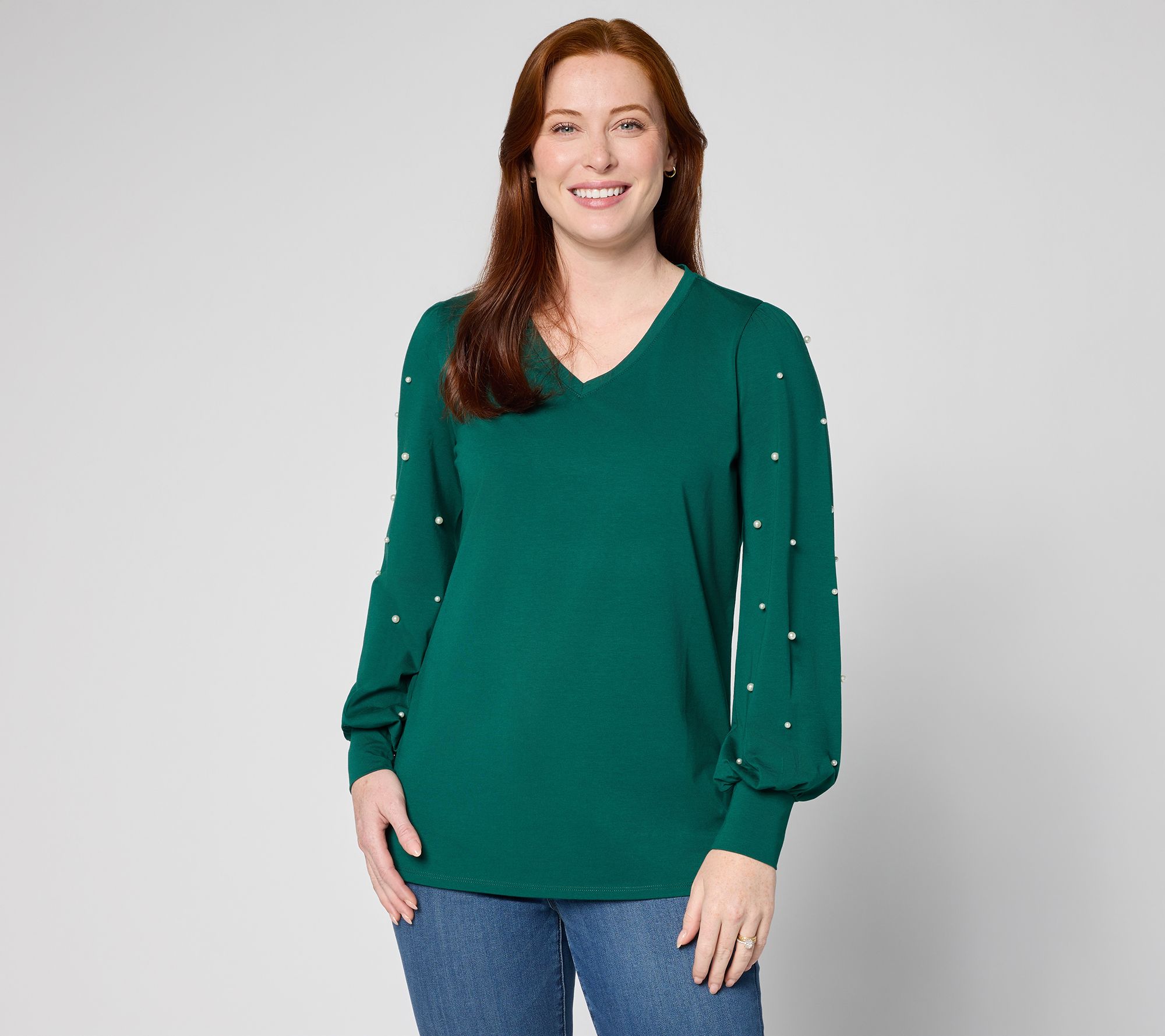 Belle by Kim Gravel TripleLuxe Knit Uptown Pearls Trimmed Top