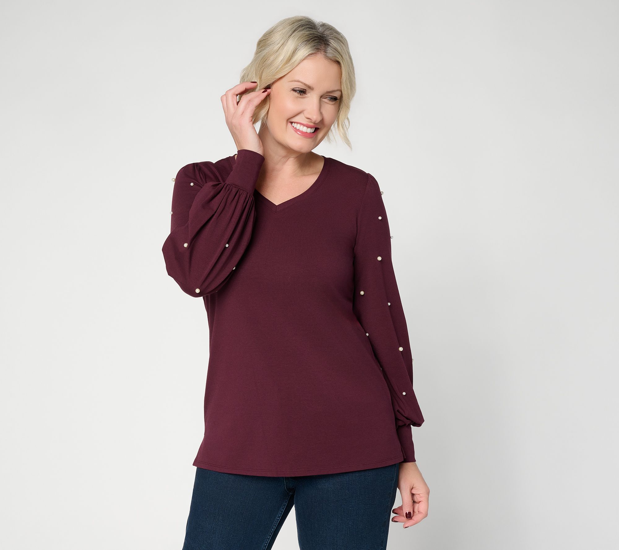 Belle by Kim Gravel TripleLuxe Knit Uptown Pearls Trimmed Top