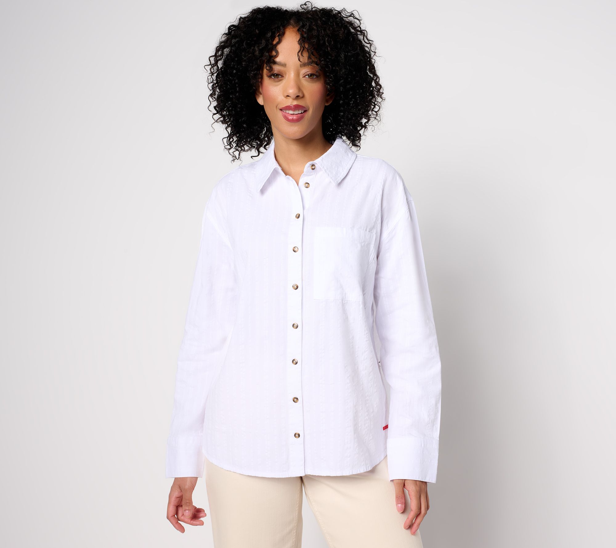 "As Is" Peace Love World Graphic Back Seersucker Button Top