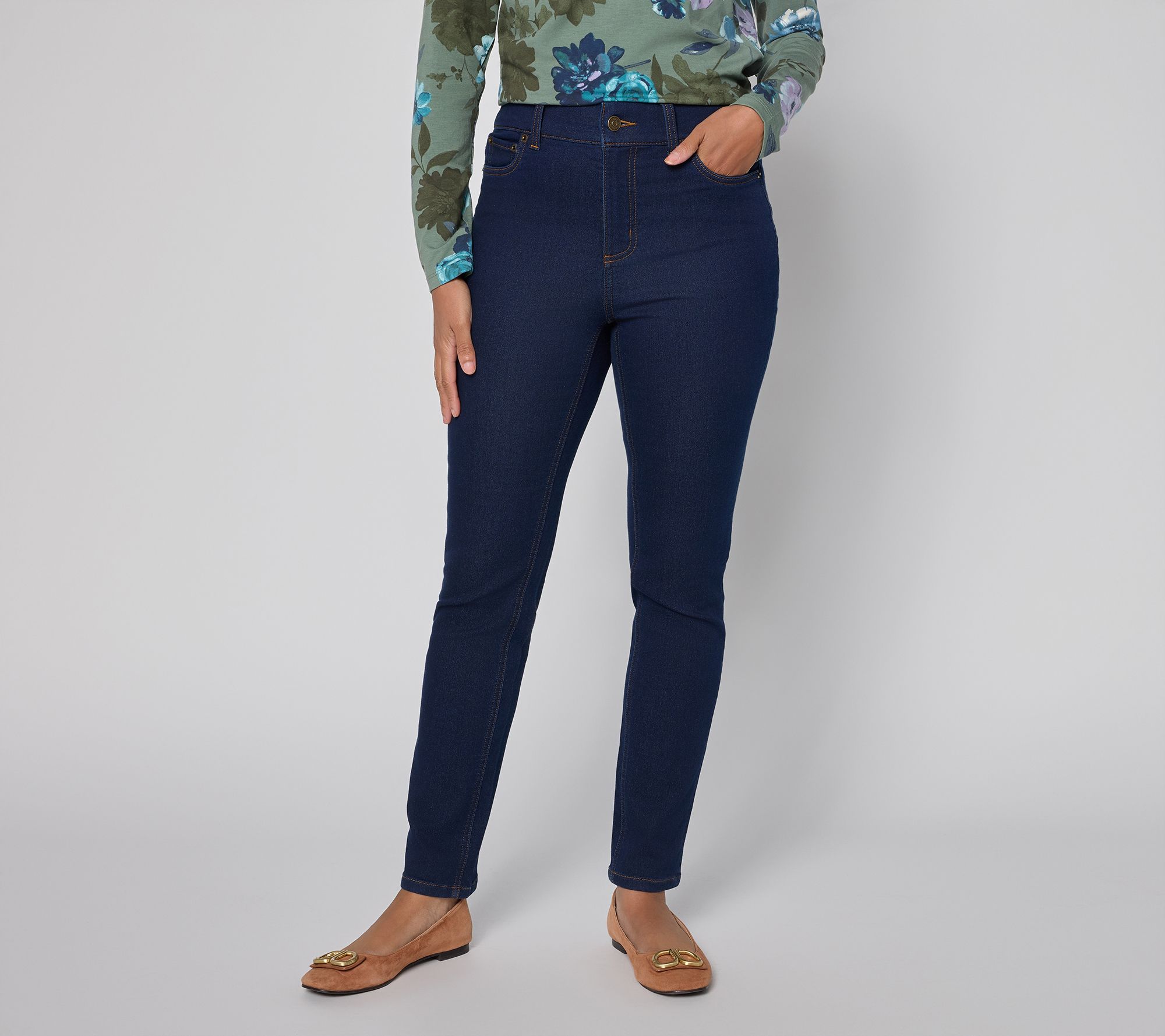 Denim & Co. Petite Comfy Knit Slim Straight 5-Pocket Pants