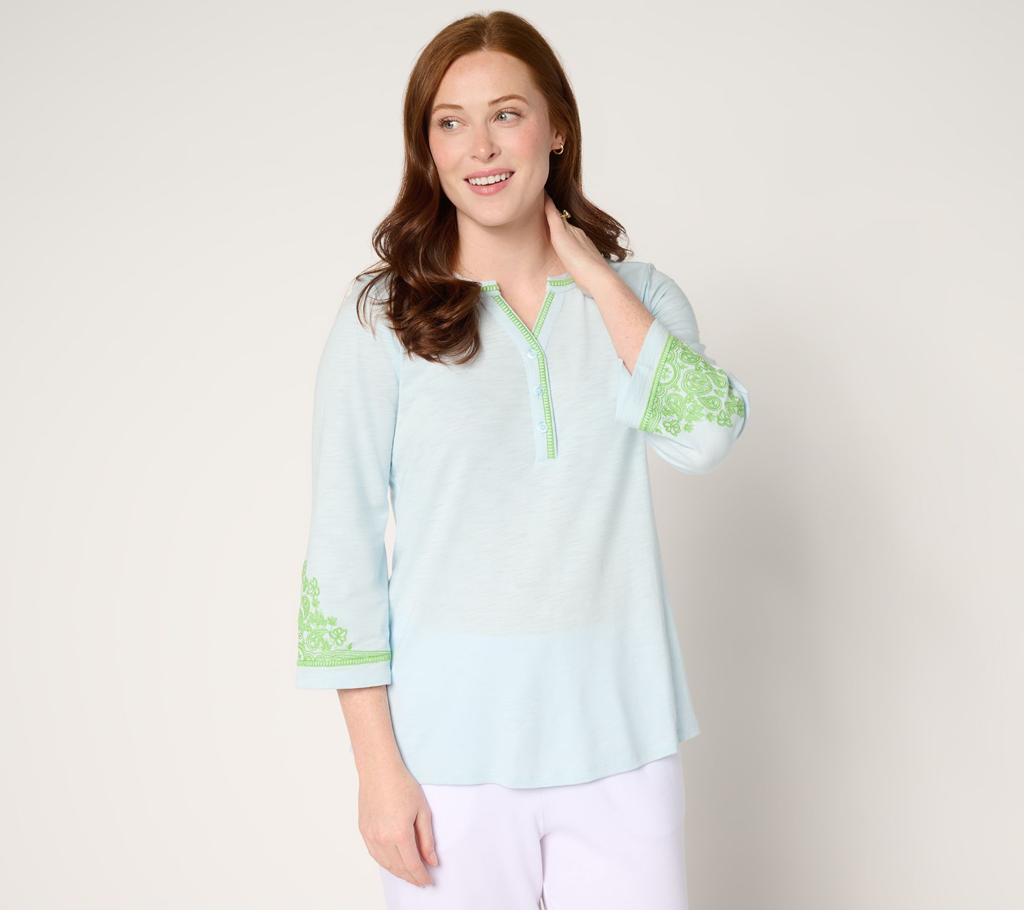 "As Is" Belle by Kim Gravel Slub Knit Embroidered Sleeve Henley