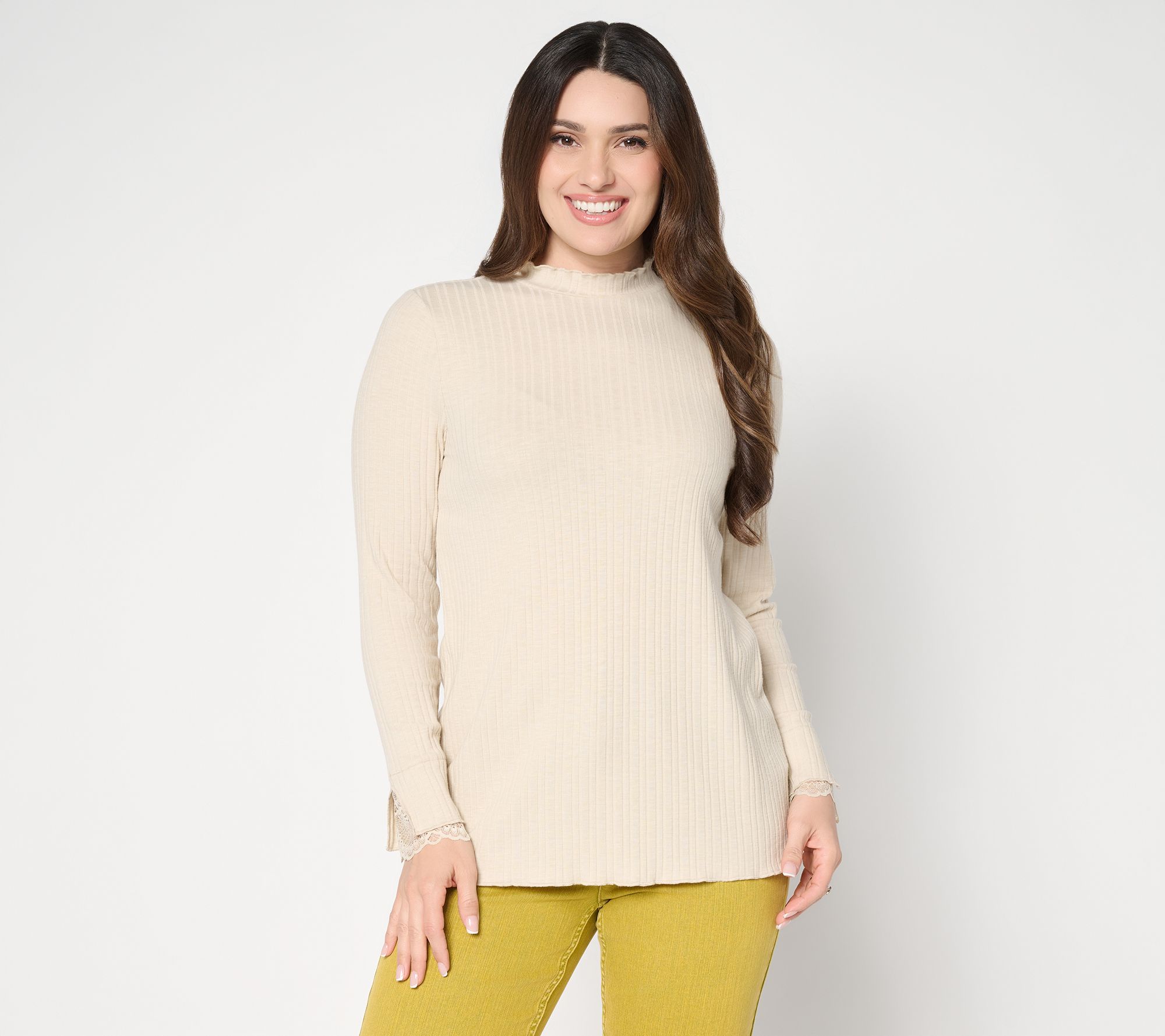 LOGO Layers by Lori Goldstein Mock Neck Ribbed Top with Lace Trim