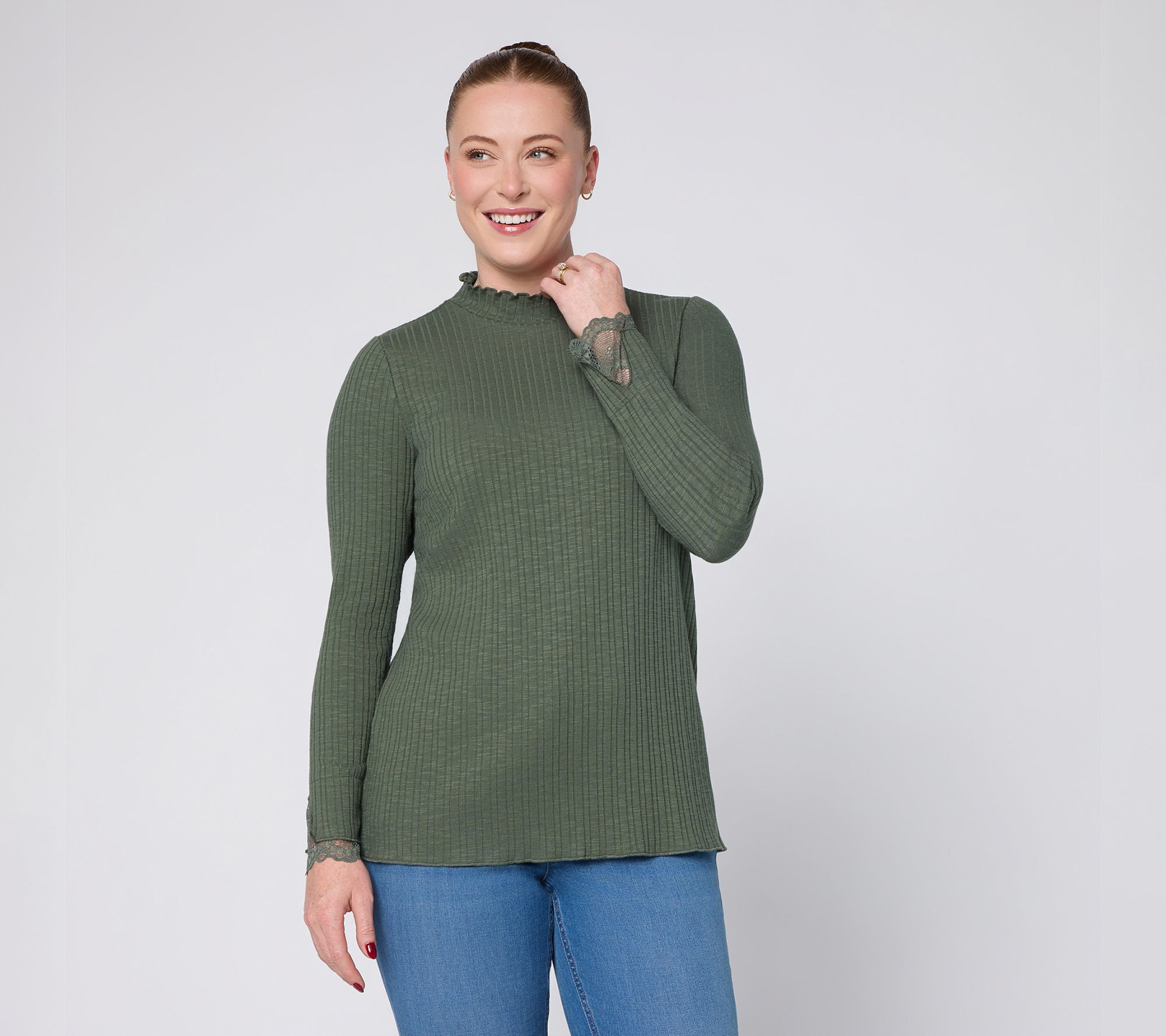 LOGO Layers by Lori Goldstein Mock Neck Ribbed Top with Lace Trim