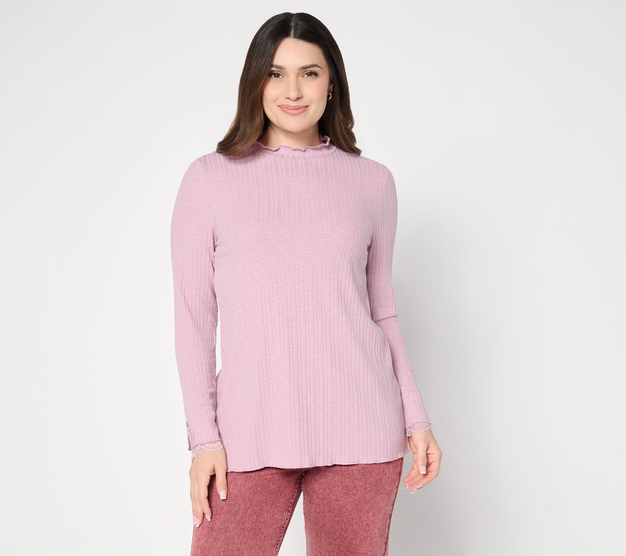 LOGO Layers by Lori Goldstein Mock Neck Ribbed Top with Lace Trim