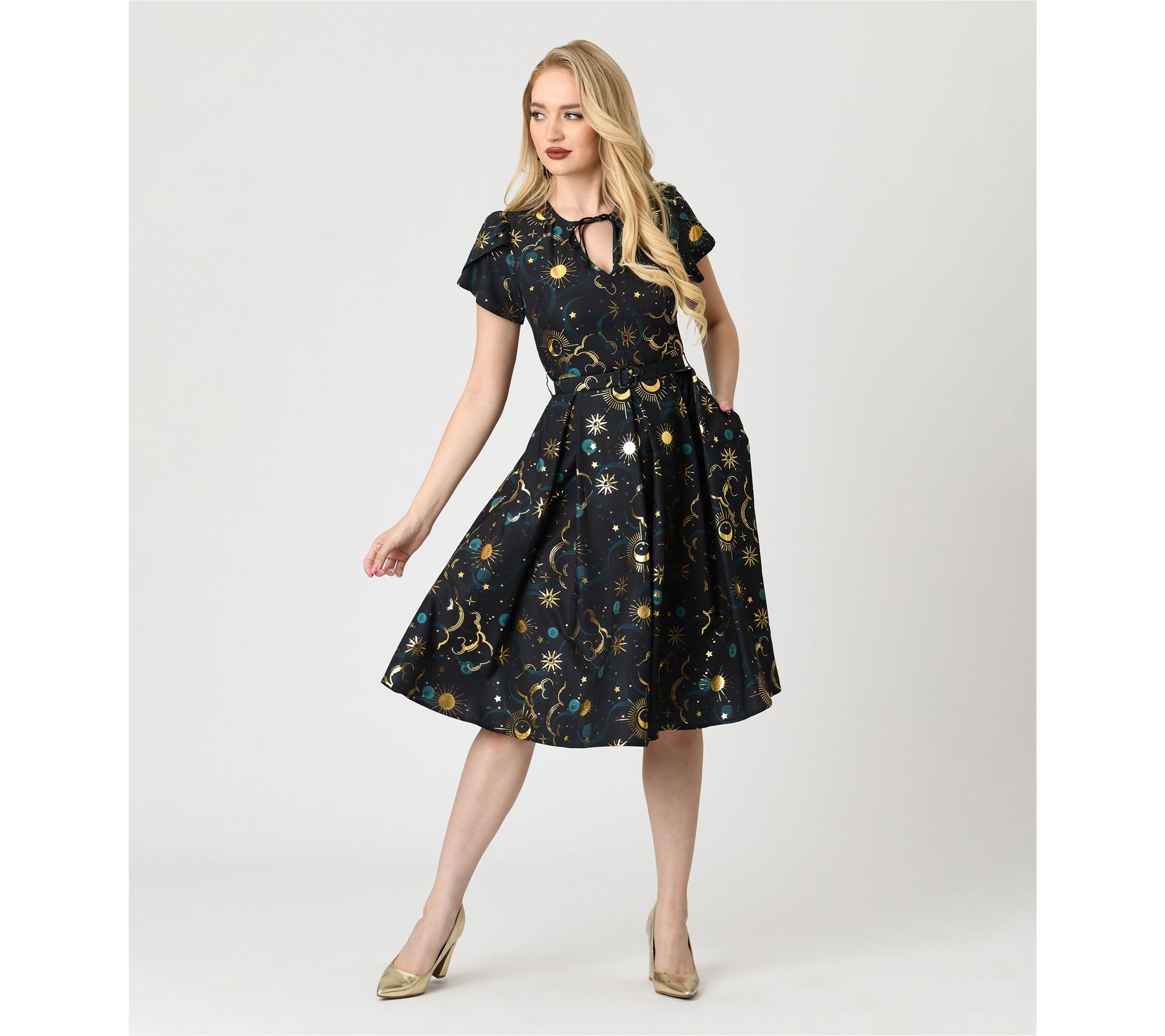 Unique Vintage Gold Foil Celestial Dahlia SwingDress