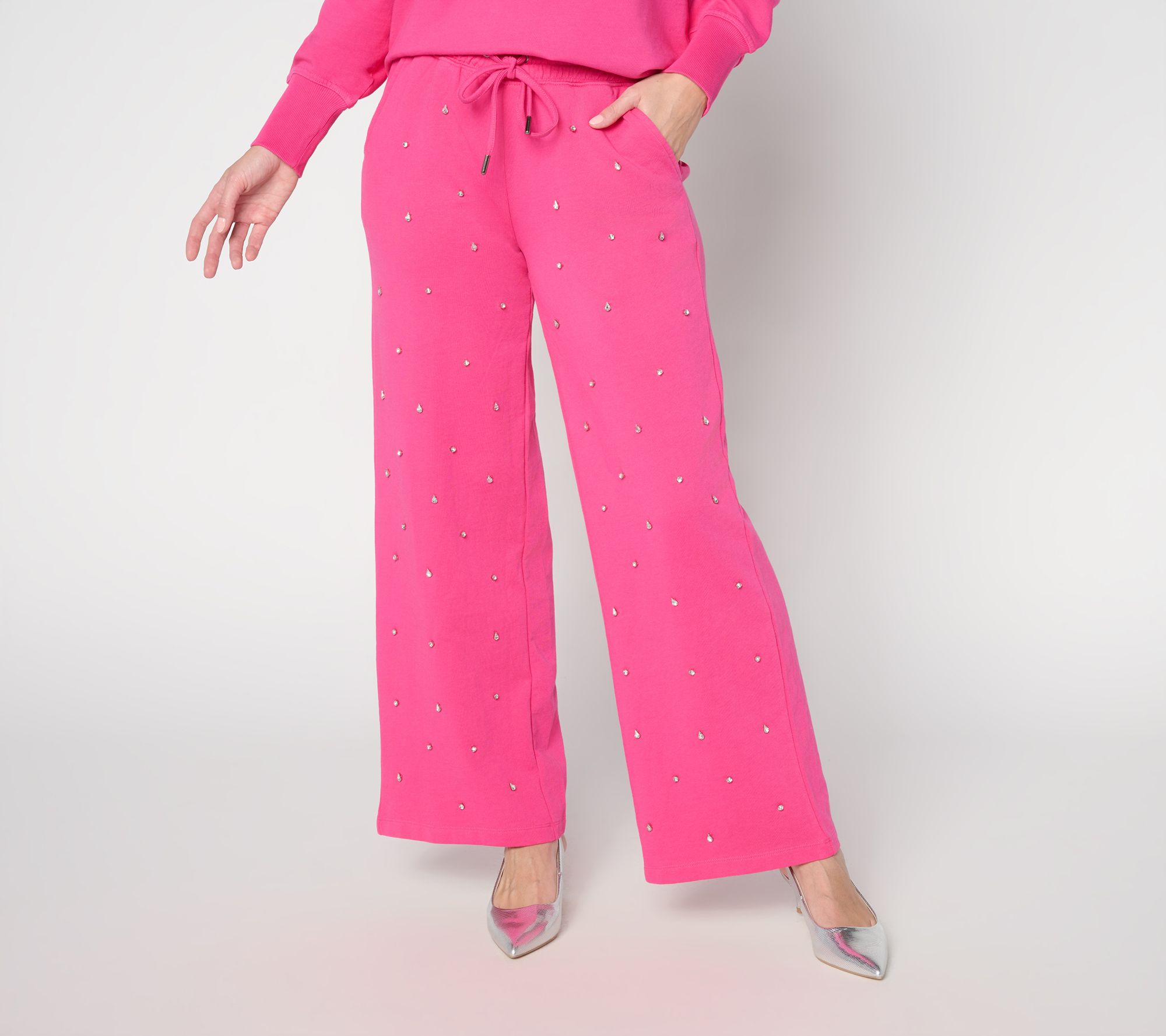 Mally Roncal Petite French Terry Jeweled Wide Leg Pants