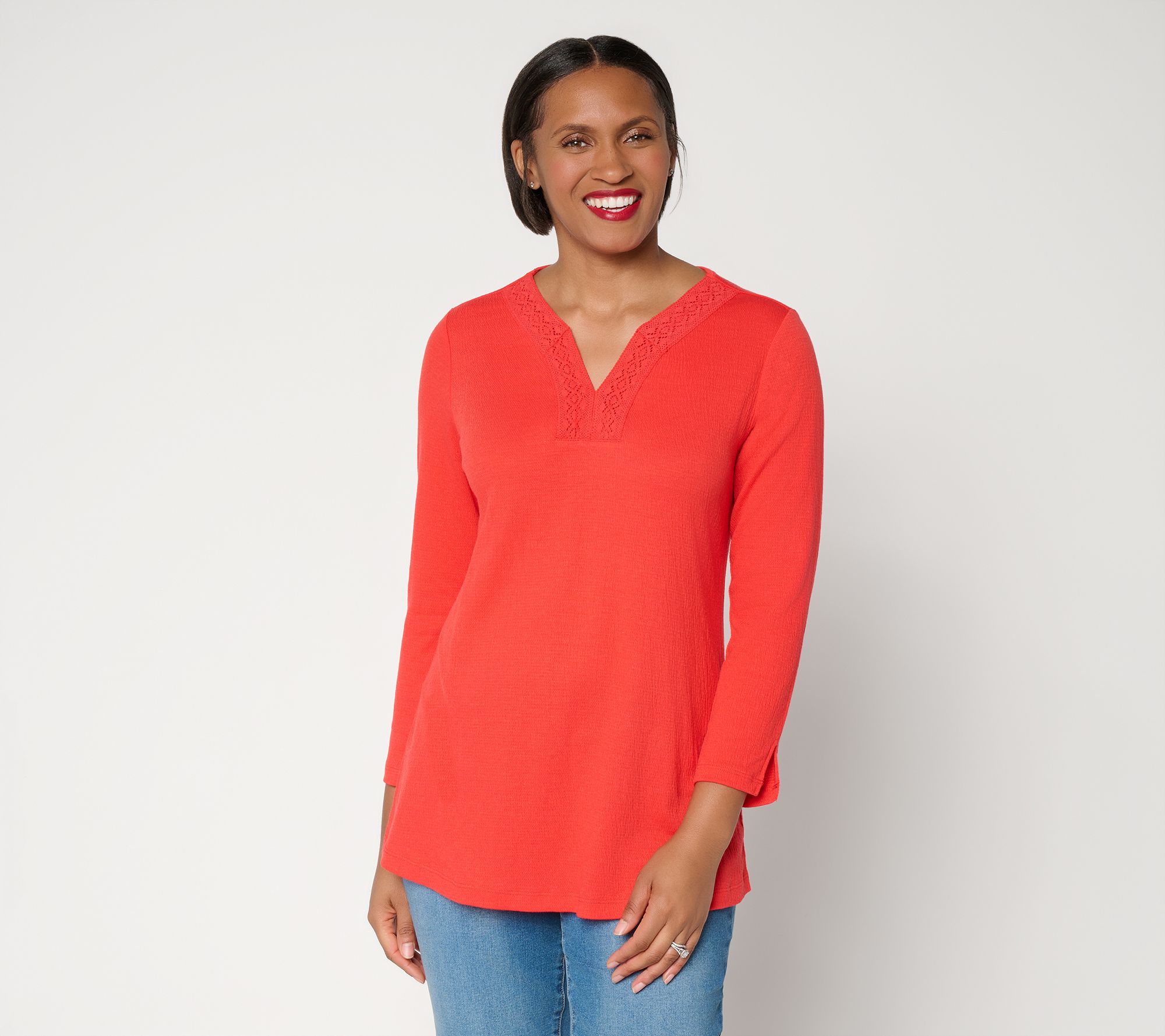 Denim & Co. Beach Regular Knit Gauze Tunic with Crochet Trim