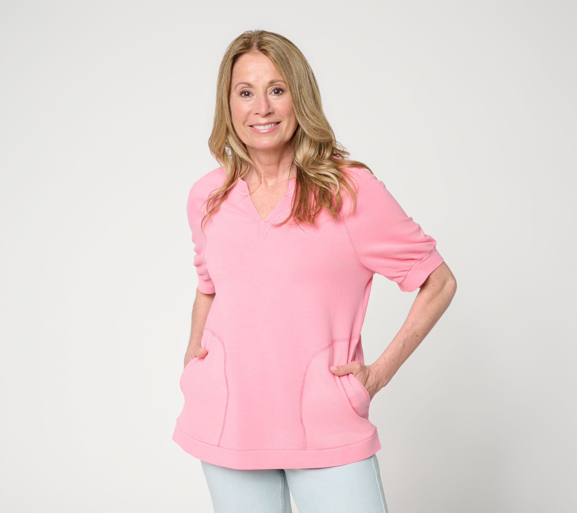 LOGO Lounge By Lori Goldstein Short Sleeve Split Neck Sweatshirt