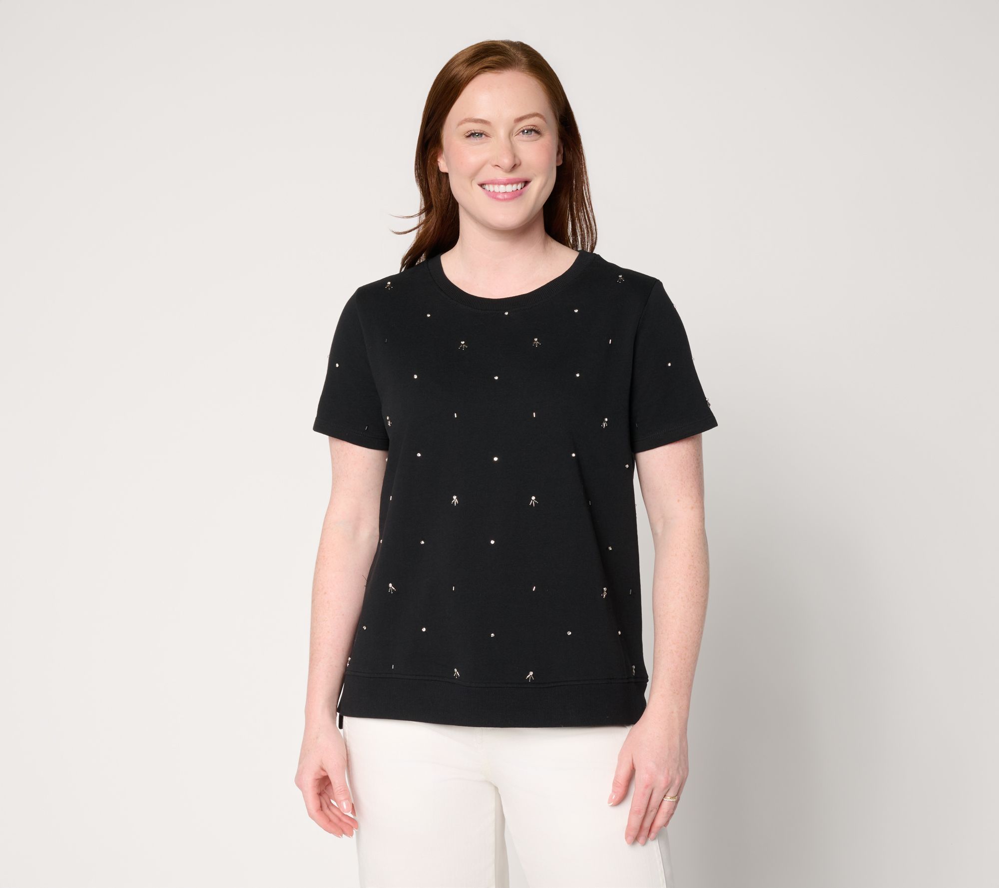 LOGO Lavish by Lori Goldstein Embellished Short Sleeve Sweatshirt