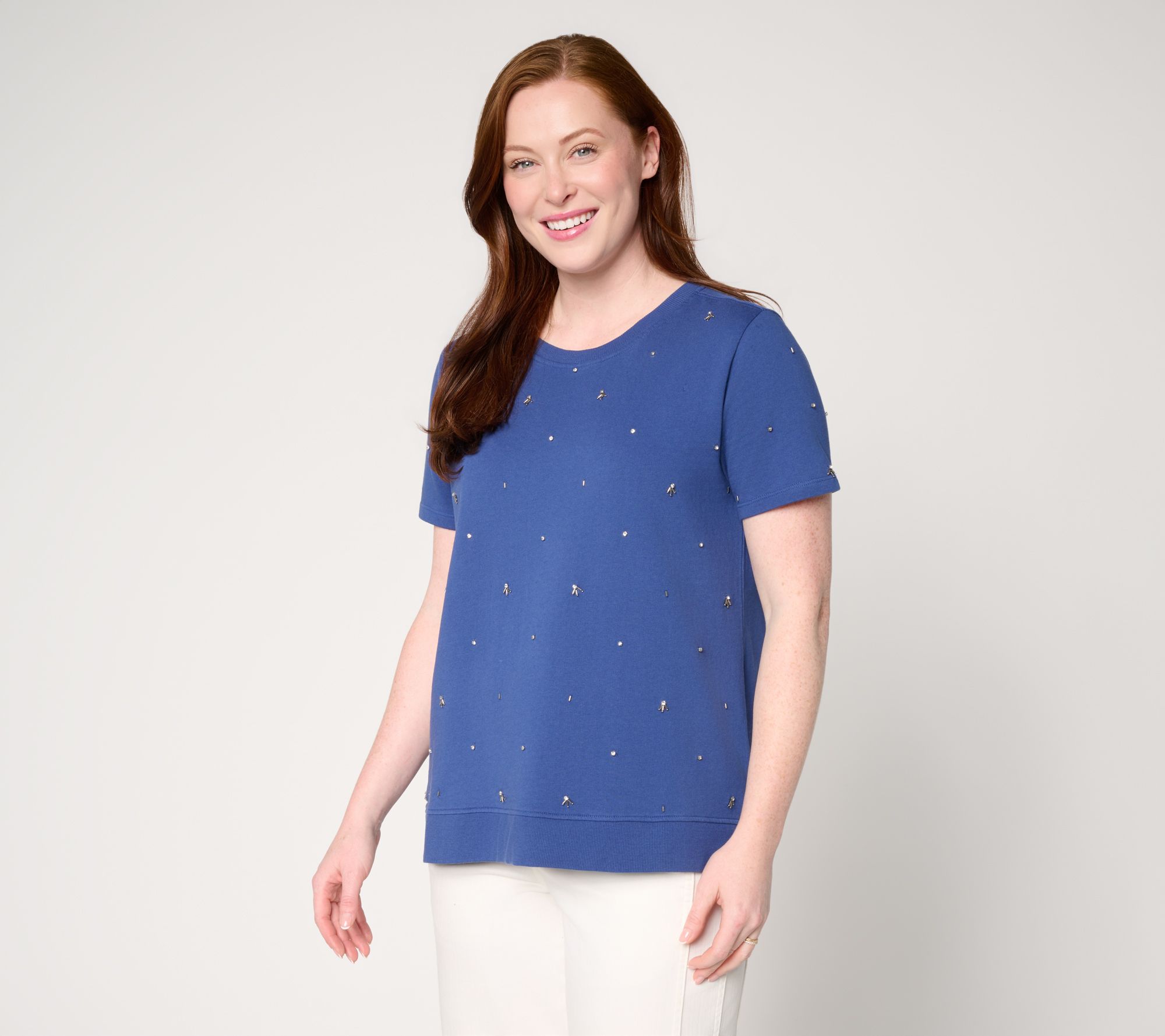 LOGO Lavish by Lori Goldstein Embellished Short Sleeve Sweatshirt