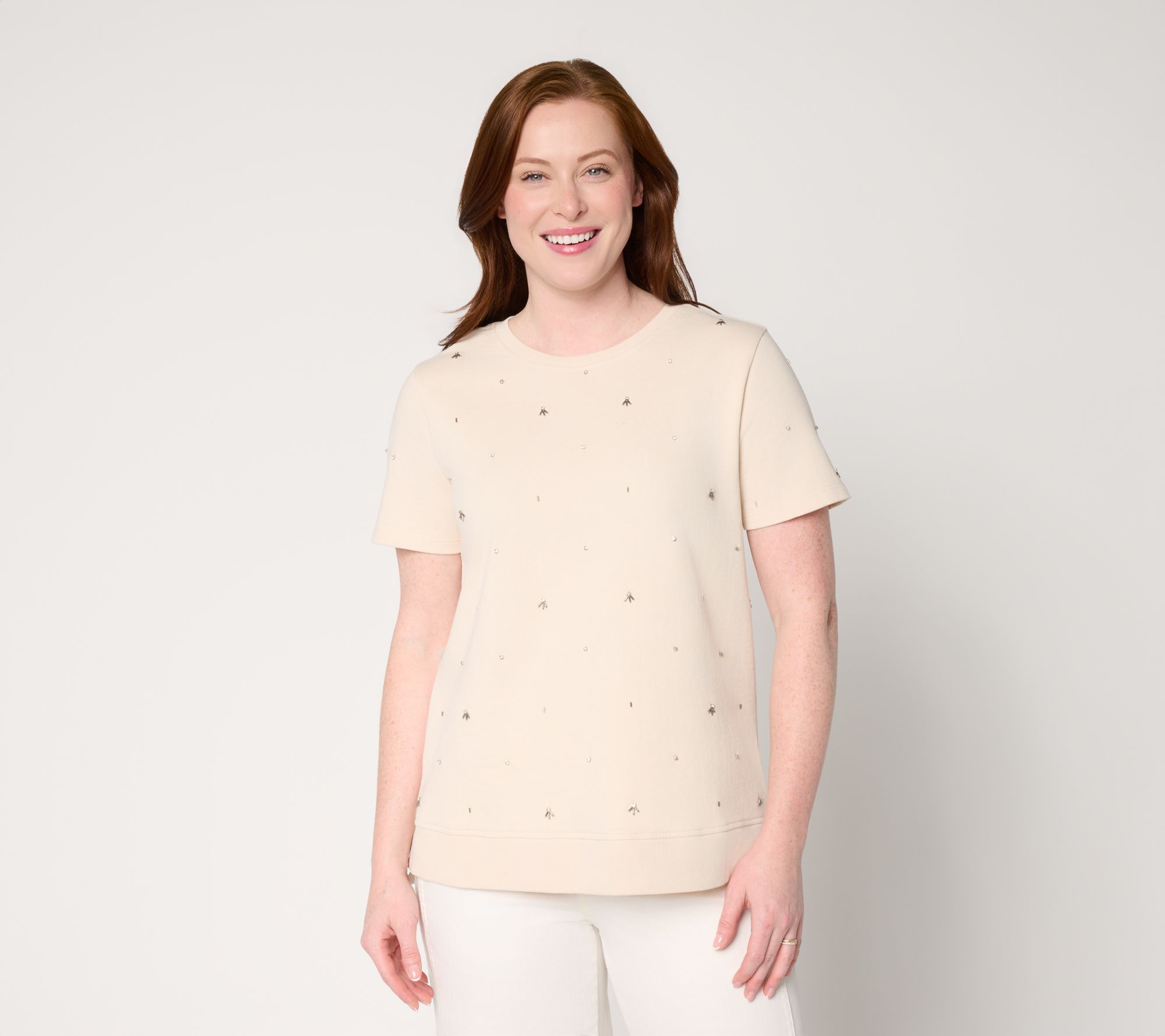 LOGO Lavish by Lori Goldstein Embellished Short Sleeve Sweatshirt