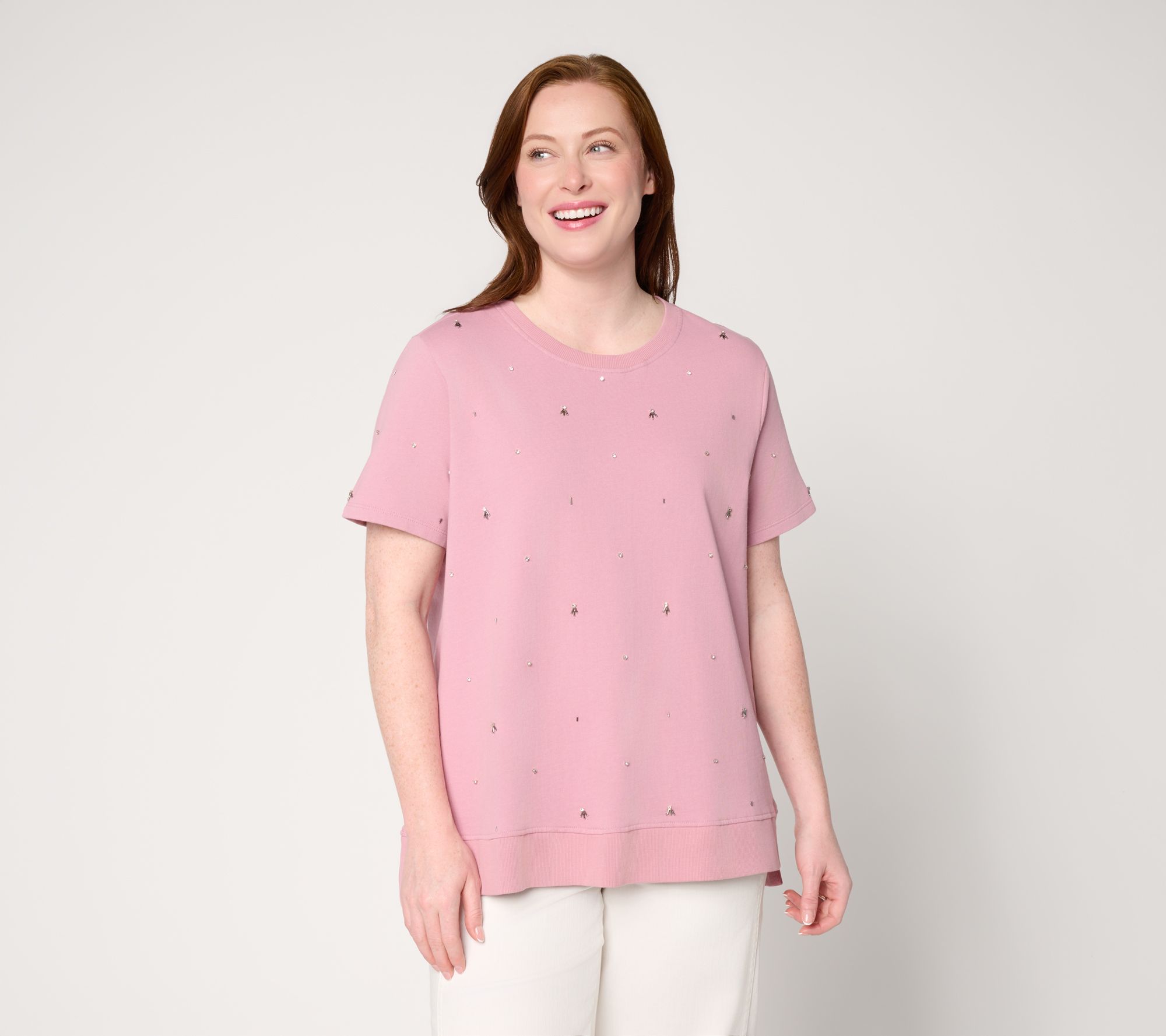 LOGO Lavish by Lori Goldstein Embellished Short Sleeve Sweatshirt