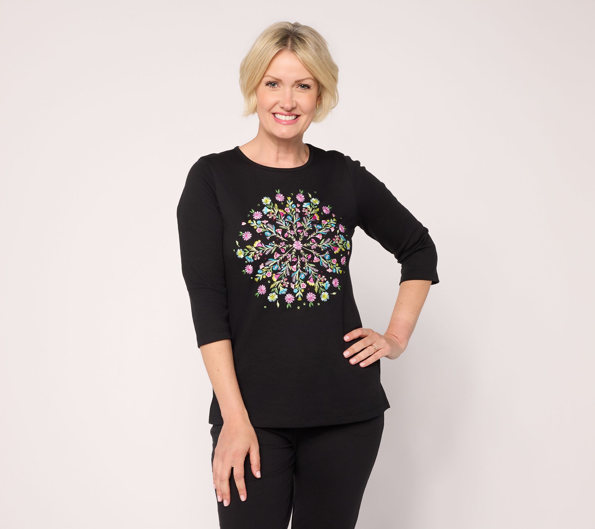 Quacker Factory Floral Mandala Embroidered 3/4 Sleeve Top